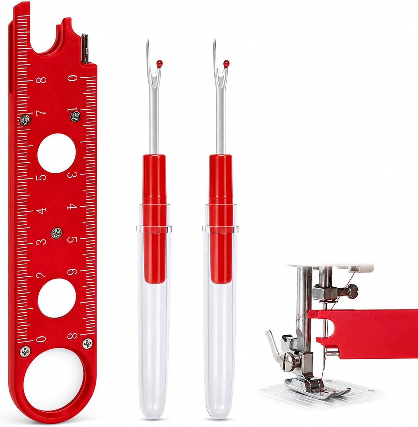 Sewing Machine Needle Threader, 4 in 1 Automatic Quick Threading Tool, Multifunctional Stitch Insertion Seam Guide with 2 Pcs Seam Rippers for Quilting Alterations Tailoring