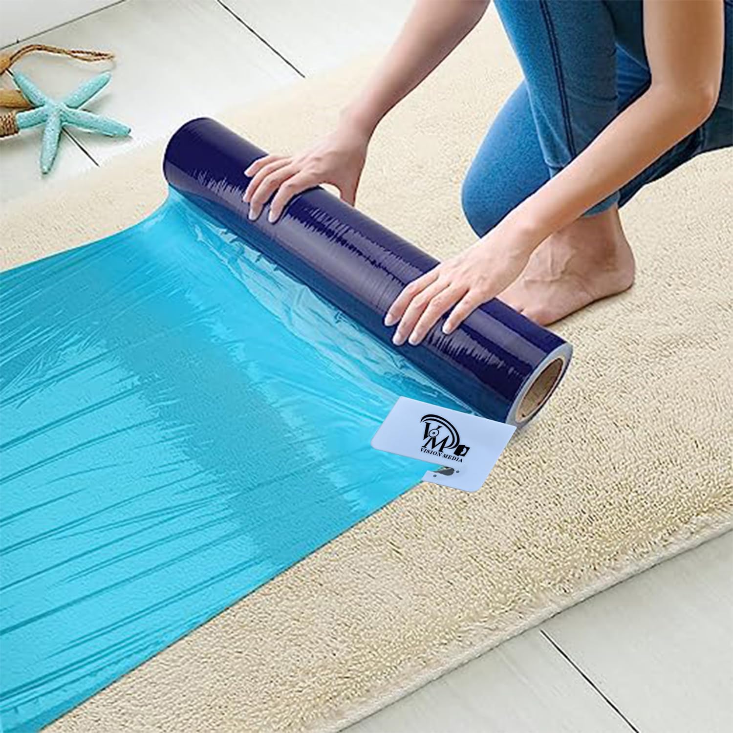 VISION MEDIA® 100m x 60cm Transparent Blue Roll 80Mic Thickness Heavy Duty Carpet Protector – Premium Self-Adhesive Floor Protector - Waterproof Carpet Roll - Easy Unwinding - Safety Cutter Included
