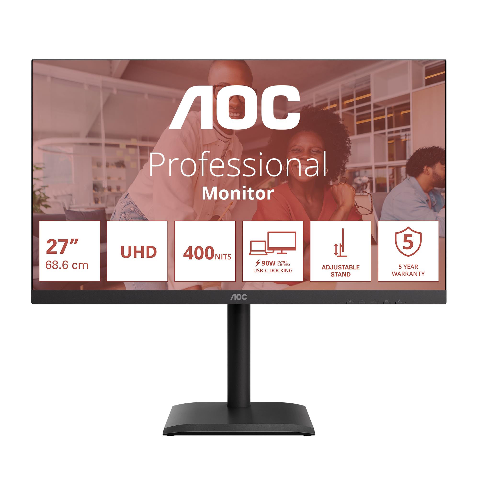 AOC U27E4CV Monitor 68.6 cm UHD 60Hz, panel IPS, 4ms GtG, synchronizacja adaptacyjna, obsługa HDR, regulacja wysokości, głośniki, (3840 x 2160 HDMI 2 x 2.0 DP 1 x 1,4 koncentrator USB), czarny