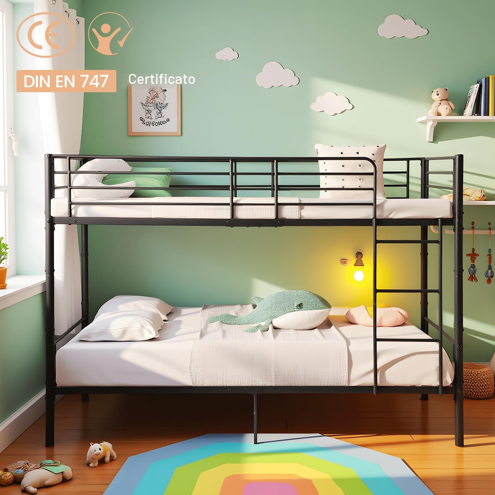 H.J WeDoo Struttura per Letto a Castello in Metallo Struttura Solida, con Rete a Doghe Grande Contenitore per Adulti 90 x 200 cm, Nero