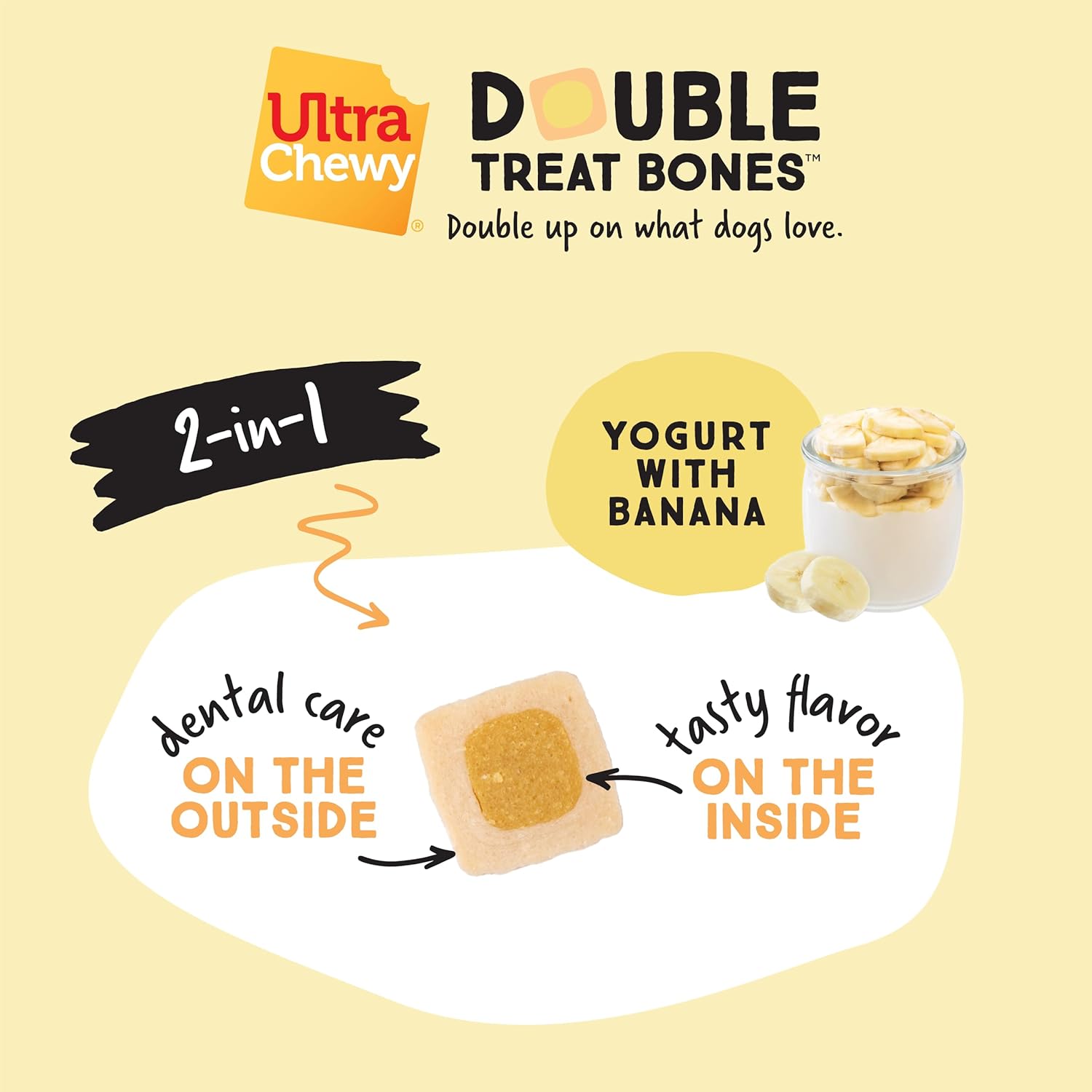 Ultra Chewy Yogurt with Banana Double Treat Bones: Long-Lasting Dog Treats Made in USA for Large and Small Breeds, Highly Digestible, Ideal for Aggressive Chewers (24 Count)