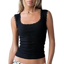 Womens Y2K Lace Trim Square Neck Tank Top Backless Slim Fit Wide Strap Ribbed Cami Tops Summer Going Out Crop Tops