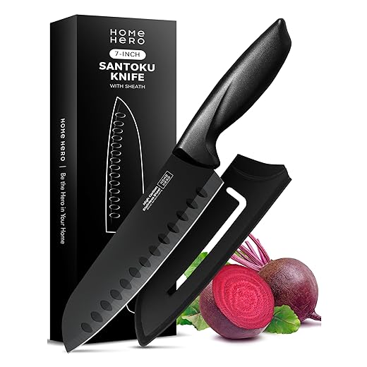 Home Hero 2 Pcs Santoku Knife with Sheath - High Carbon Stainless Steel Chopping Knife with Ergonomic Handle - Razor-Sharp Multi-Purpose Kitchen Knife for Chopping Vegetable and Cooking (Black)