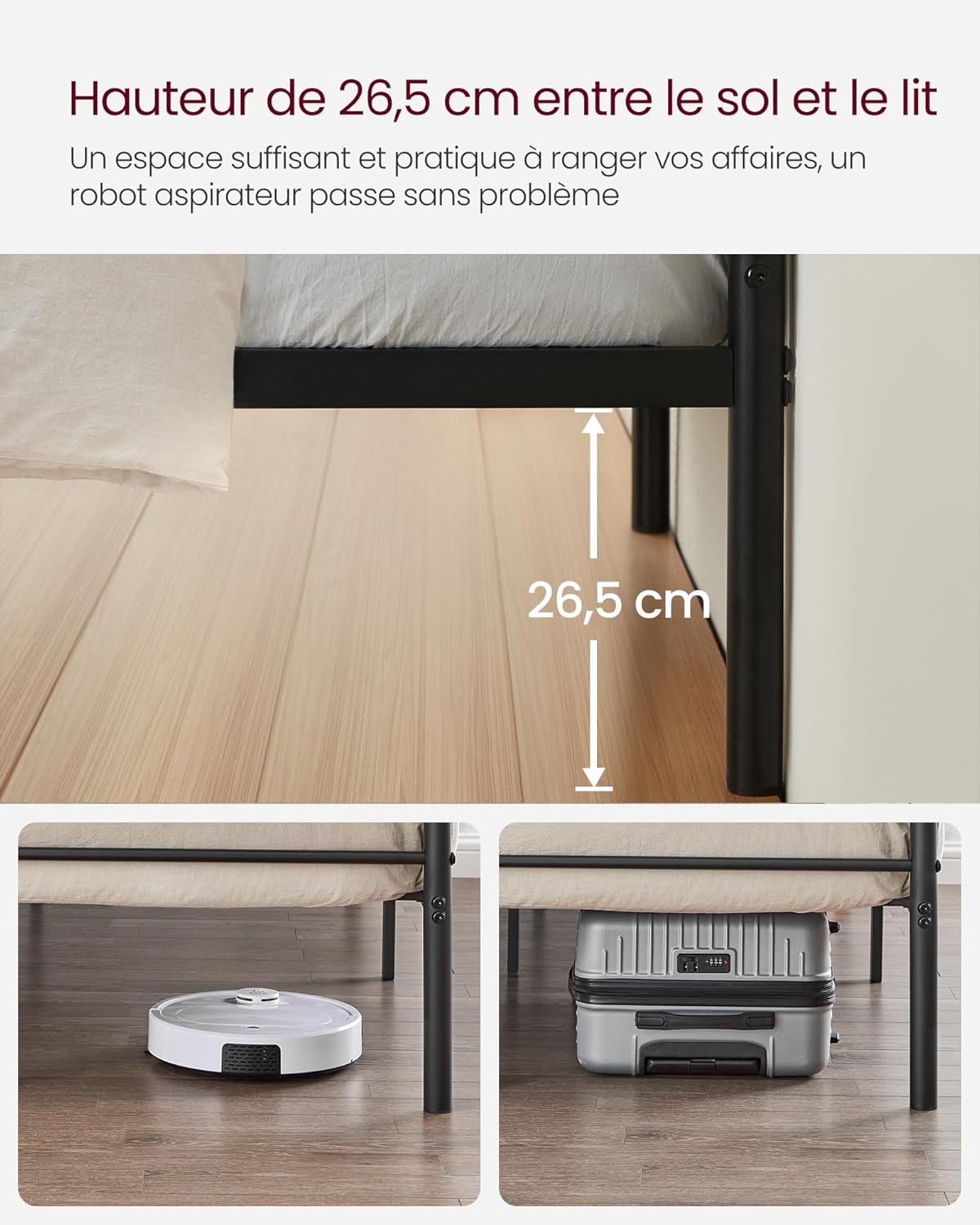 Image showing the 26.5 cm clearance under the bed frame, with a robot vacuum and a suitcase fitting underneath.