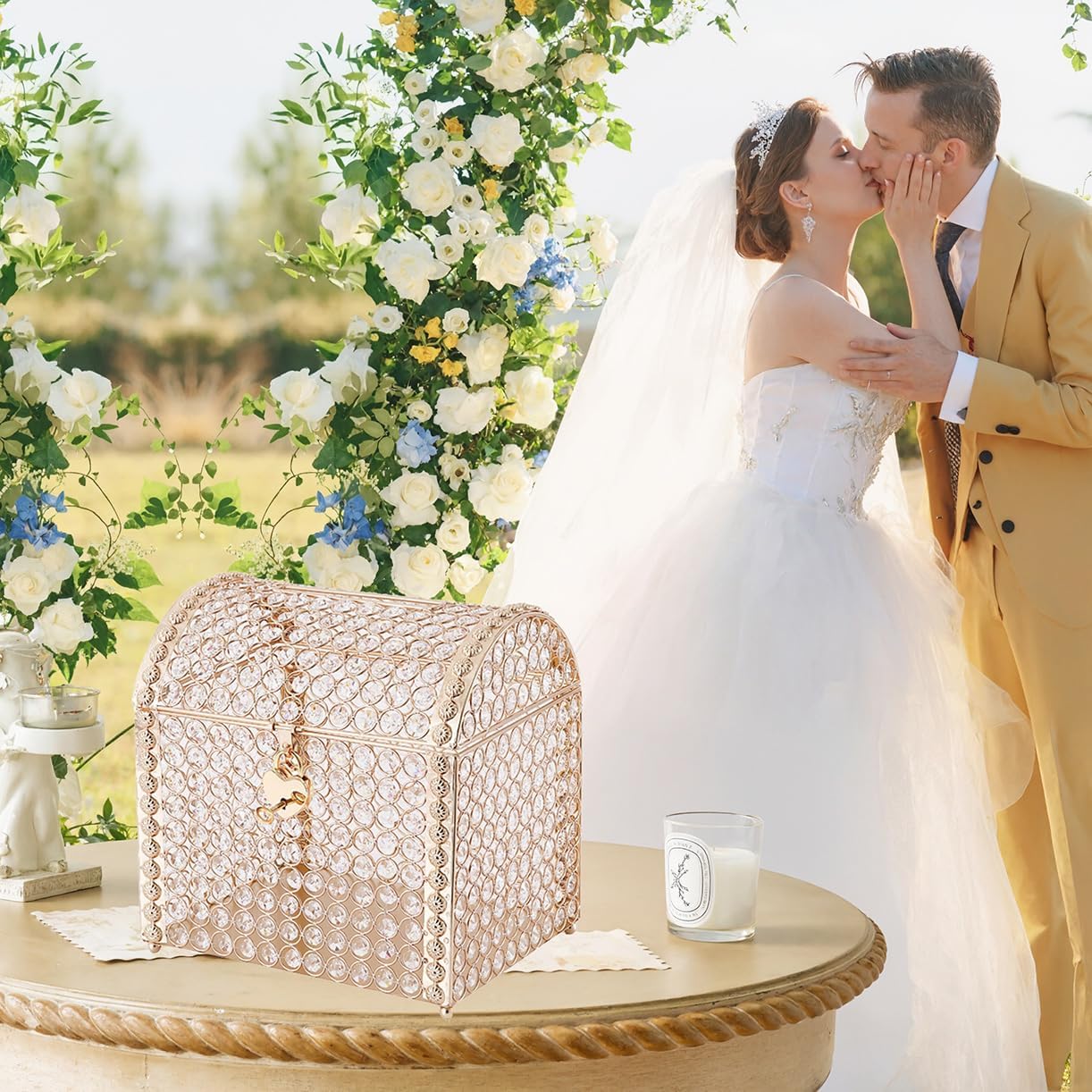 Glittery Crystal Bead Wedding Card Box with Lock, Elegant Gift Card Box for Wedding Reception for Party Graduation Birthday Baby Shower Decorations (Gold)