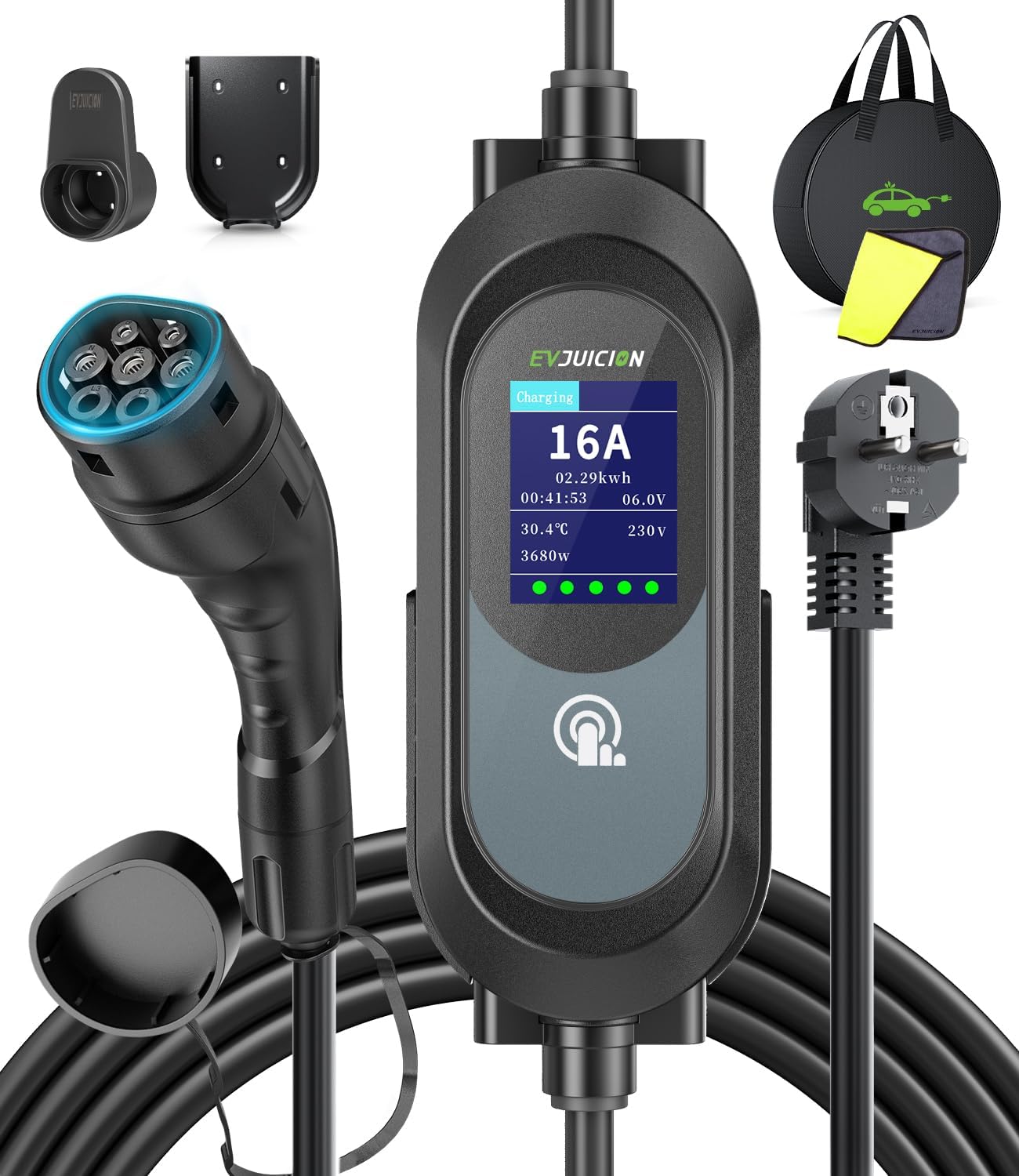 Evjuicion – Cargador de coche eléctrico de 8 m [3,68 kW, 8-16 A, 0-12H, IP67] EV cargador tipo 2 con gran pantalla LED y soporte de pared, cable de carga de coche eléctrico con bolsa y soporte