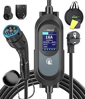 EVJUICION Chargeur Voiture Electrique 8m [3,68KW, 8-16A, 0-12H, IP67] EV Chargeur Type 2 avec Grand écran LED et Support Mural Portabilité Cable Recharge Voiture Électrique avec Sac et Support Câble