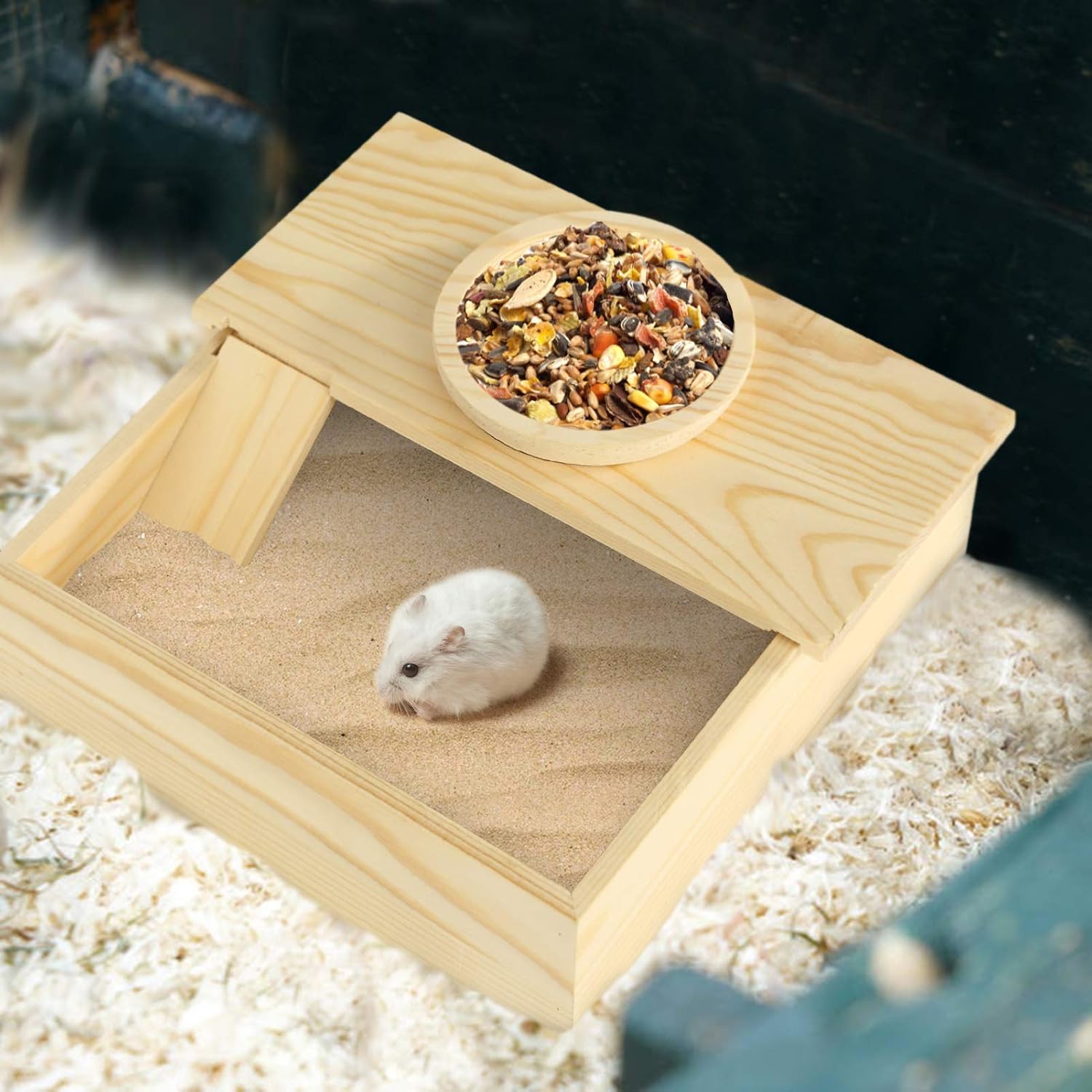 Wooden Small Pets Sand Bath Box with Tiny Pet Bowl- 7.7" x 7.7" Assemble Hamsters Shower & Digging Sand Bathtub with Stairs Rat Hideout Sand Bath Container for Lemming Chinchilla Gerbil Little Animal
