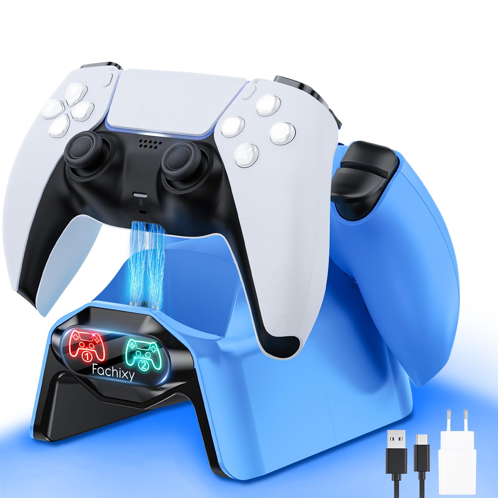Fachixy Cargador de Controlador para PS5, Base de Carga rápida de 2 Horas para PS5 DualSense, estación de Carga con enchufes y Cables Individuales, con indicador LED