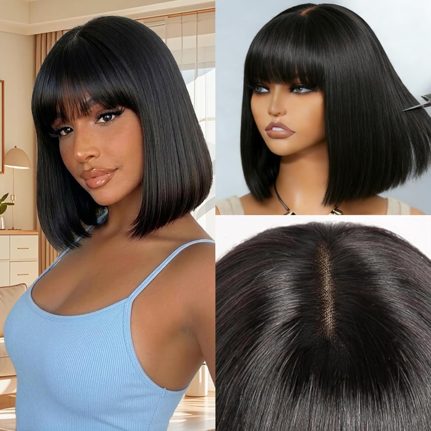 Bob Wig Human Hair with Bangs 200 Density Glueless Wigs Ready to Wear Beginner Friendly 3x1 HD Straight Lace Closure Wigs for Women Natural Black 12 Inch