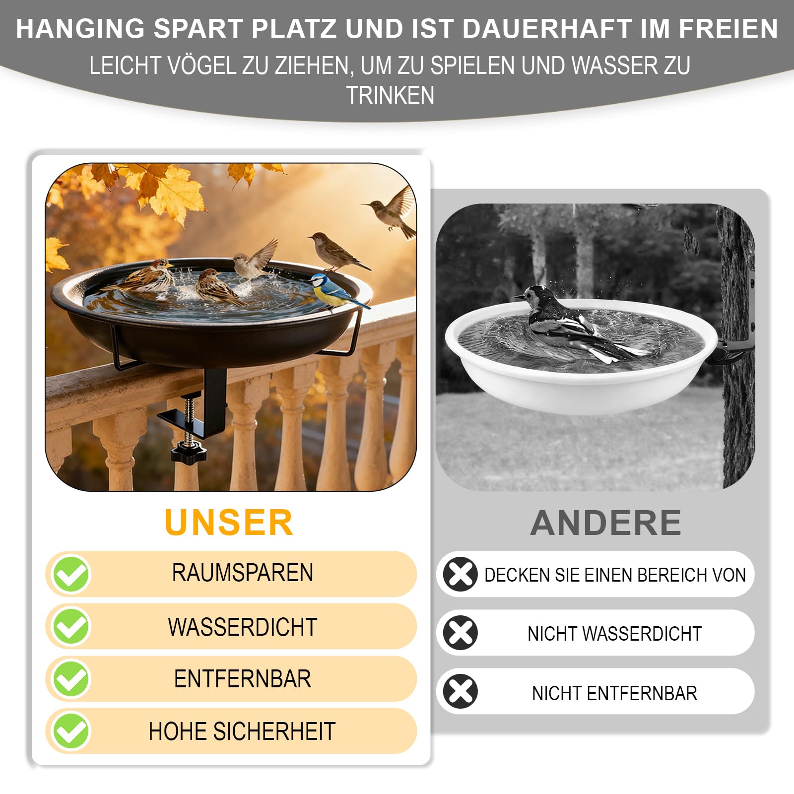 Vogeltränke Hängend für Balkongeländer, Φ27cm Groß Metall Vogeltränke Balkon, Antike Winterfest Frostsicher Vogelbad Balkon für Wildvögel, Vintage Vogelbad Garten