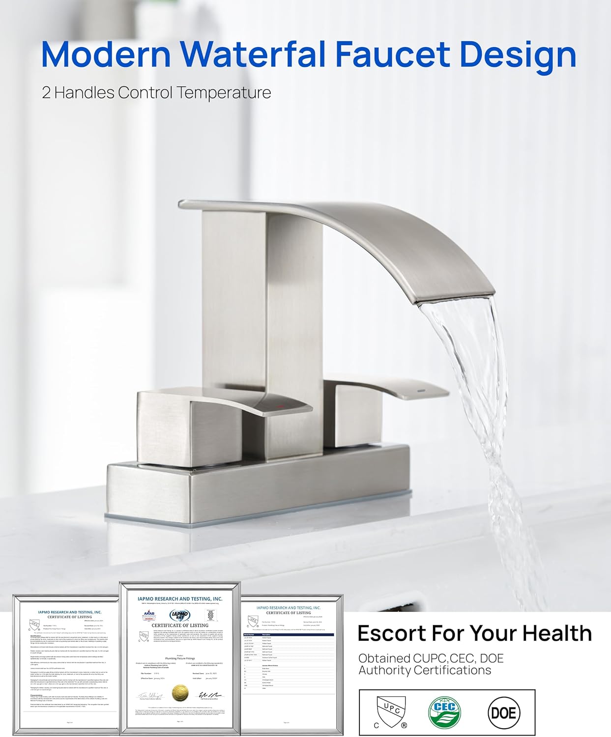 Waterfall Bathroom Sink Faucet Set with Pop Up Drain Stopper & Supply Lines - 4 Inch 2 Handles Centerset Faucet 2 or 3 Hole Lavatory Faucet Bathroom Vanity Mixer Tap Basin Faucets Brushed Nickel