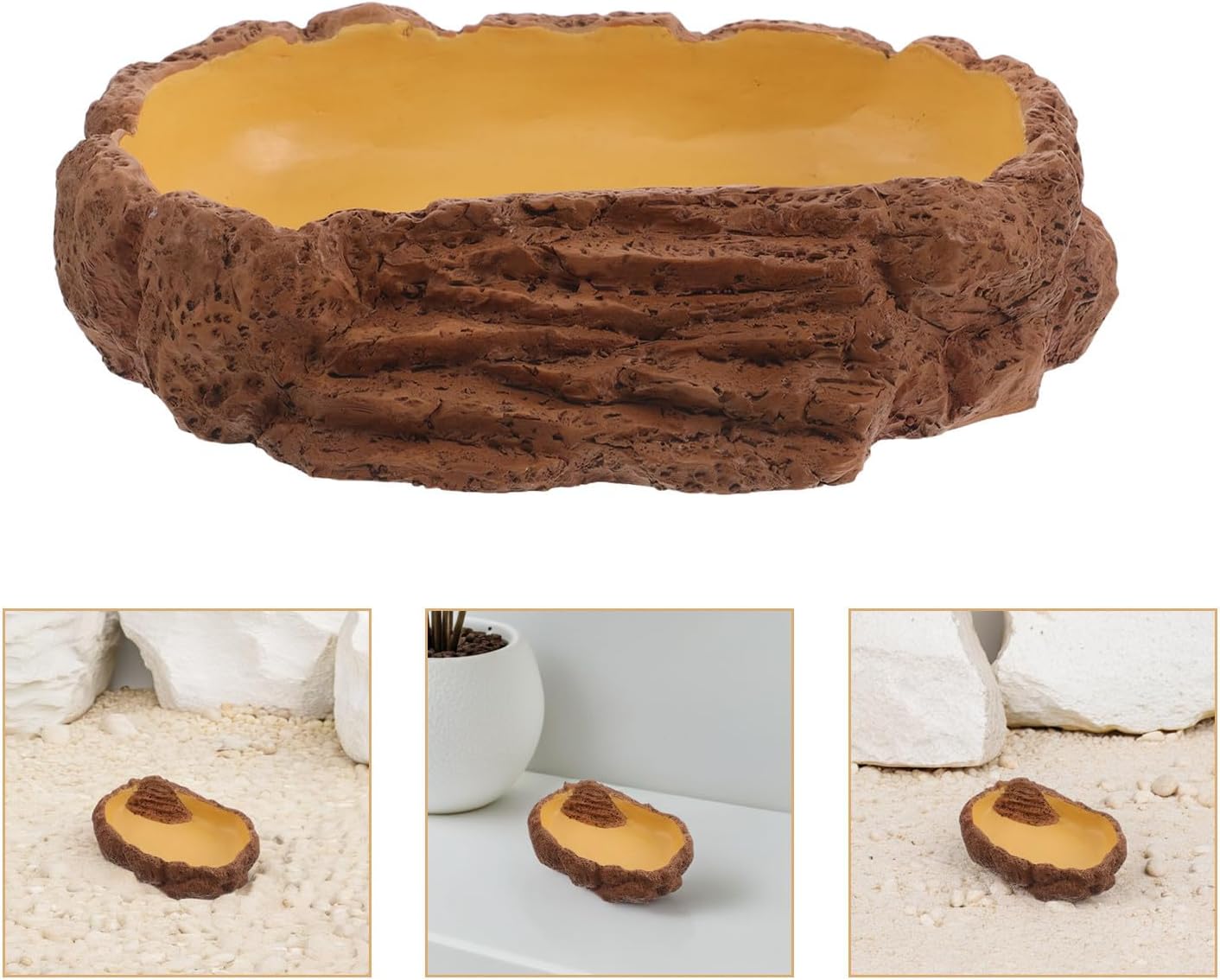 Reptile Water Dish Corner Bowl for Bearded Dragon and Hermit Crab, Spacious Resin Feeding and Bathing Bowl with Realistic Natural Décor Style, Easy to Clean Terrarium Accessory