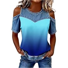 Denim Tops for Women Gradient Short Sleeve Shirts Off the Shoulder Loose Fit Tops Summer Casual Crew Neck Blouses