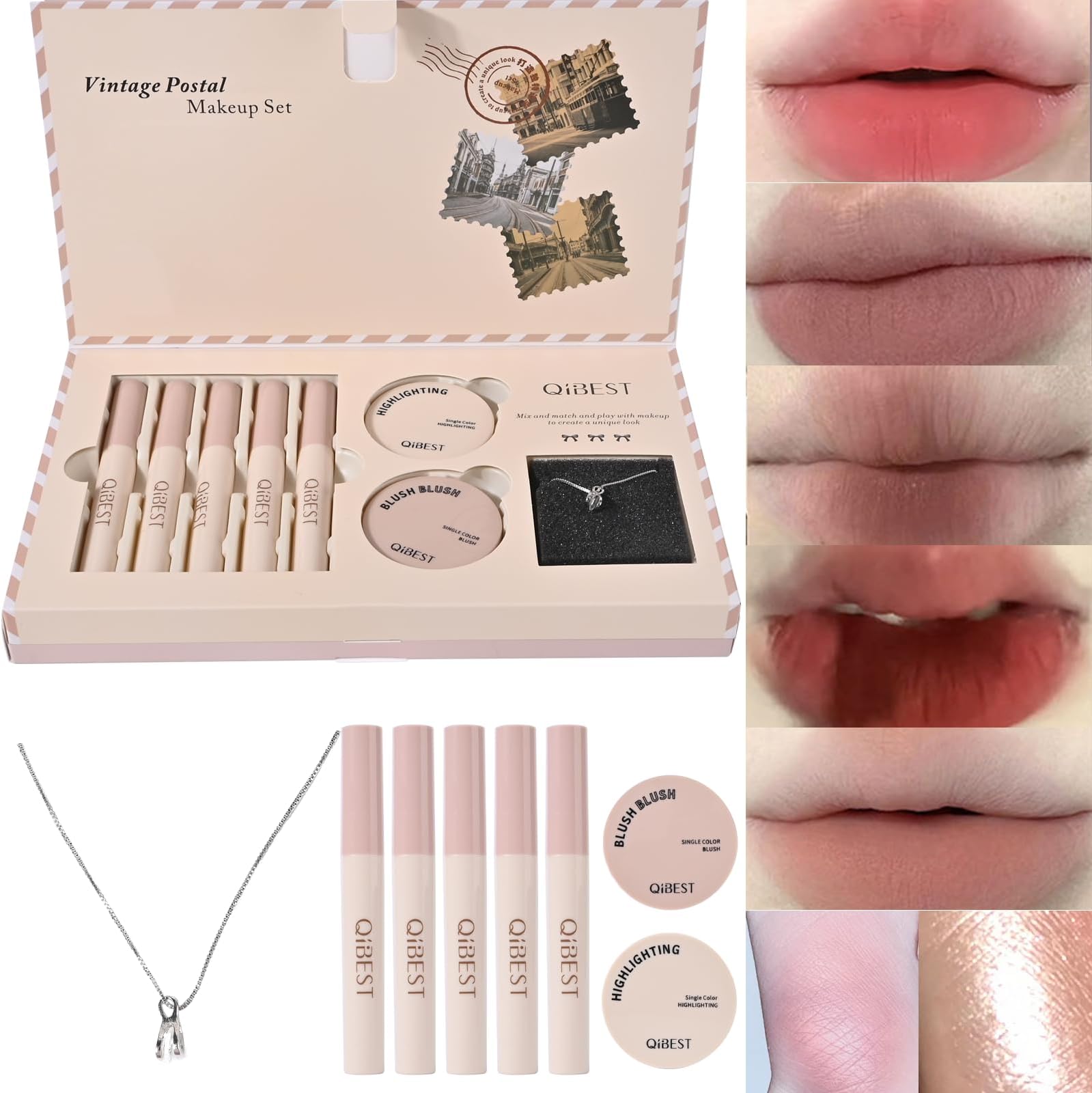 Christmas Gift for Women, 8 Pcs Gift Box Set Include Matte Lipstick, Blush, Highlighter and Necklace, Easy to Create Different Makeups, Birthday，Valentine's Day Makeup Set Gift for Girls-05