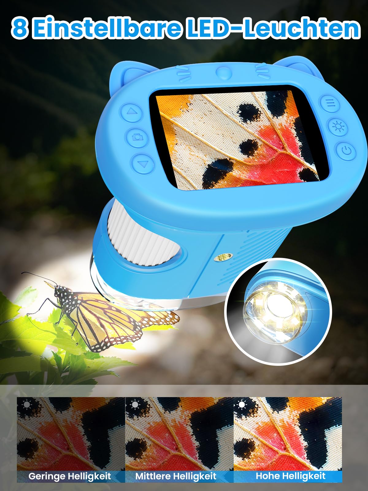 Mikroskop für Kinder Lupe, 2.4" Größer IPS Bildschirm Digitales Tragbares Taschenmikroskop mit 1000-facher Vergrößerung, Handy Experimente Kindermikroskop Spielzeug ab 3 Jahren - Blau