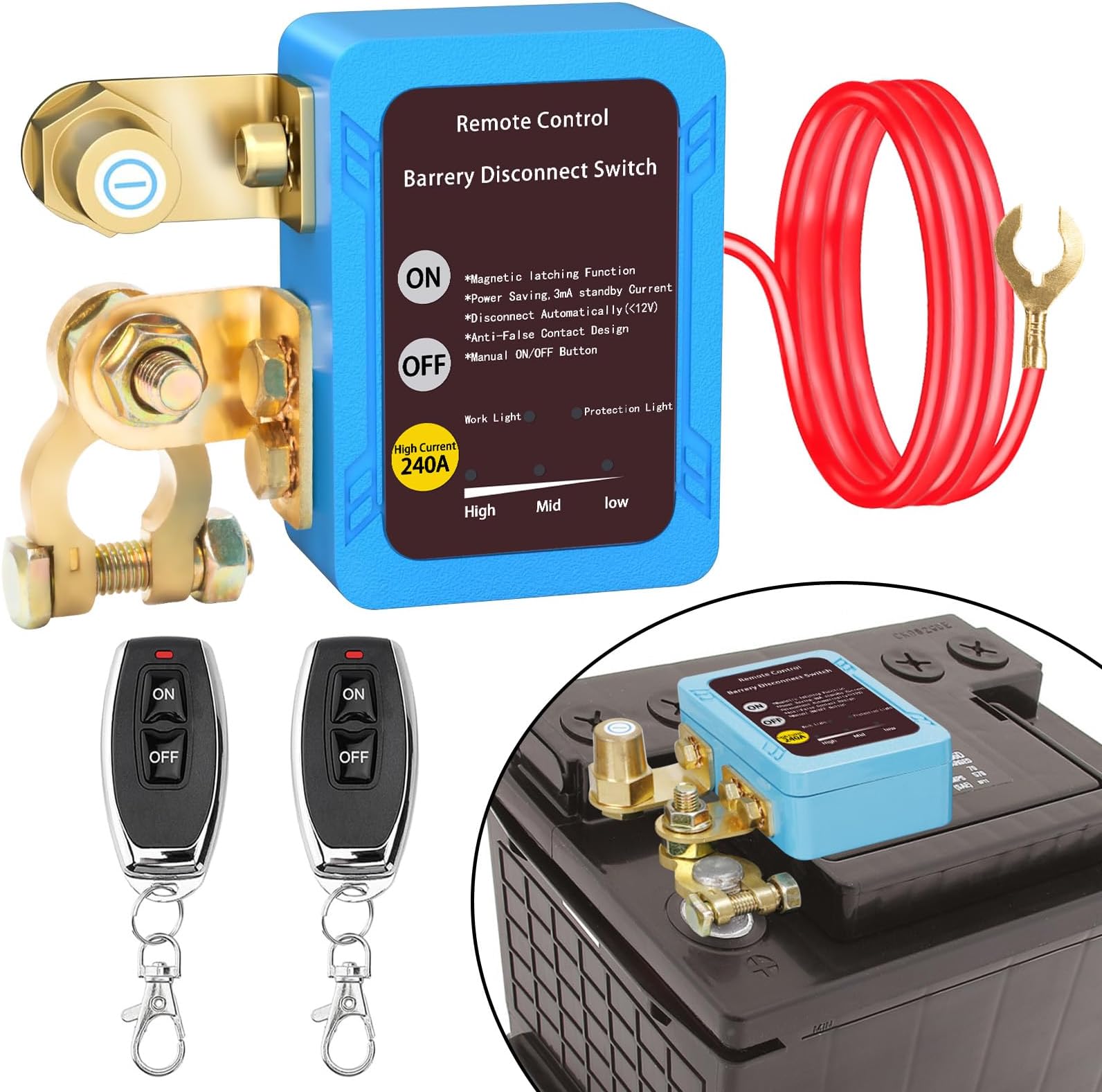 Remote Battery Disconnect Switch 12V, 240A, Upgrade Intelligent Voltage Off Switch with Manual Switch, Anti-Theft Car Shut Off Switch,