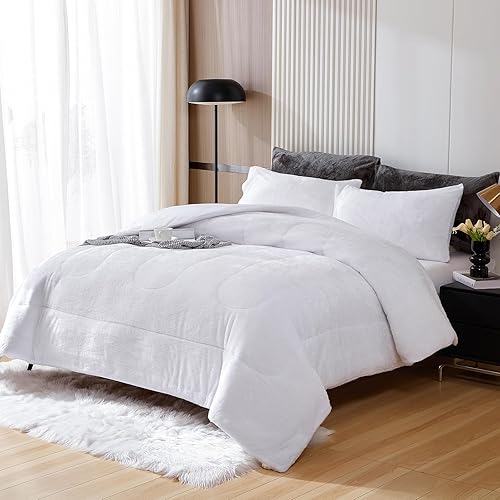 Miniatura 6 de YIYEA Juego de edredón de piel sintética tamaño Queen, edredón de felpa ultrasuave y esponjoso, juego de edredón blanco tamaño Queen, juegos de ropa