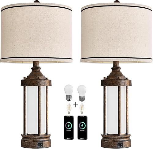 Miniatura 9 de Juego de 2 lámparas de mesa de 25 pulgadas para sala de estar, dormitorio, lámparas de metal con 2 puertos USB, luz nocturna de vidrio esmerilado