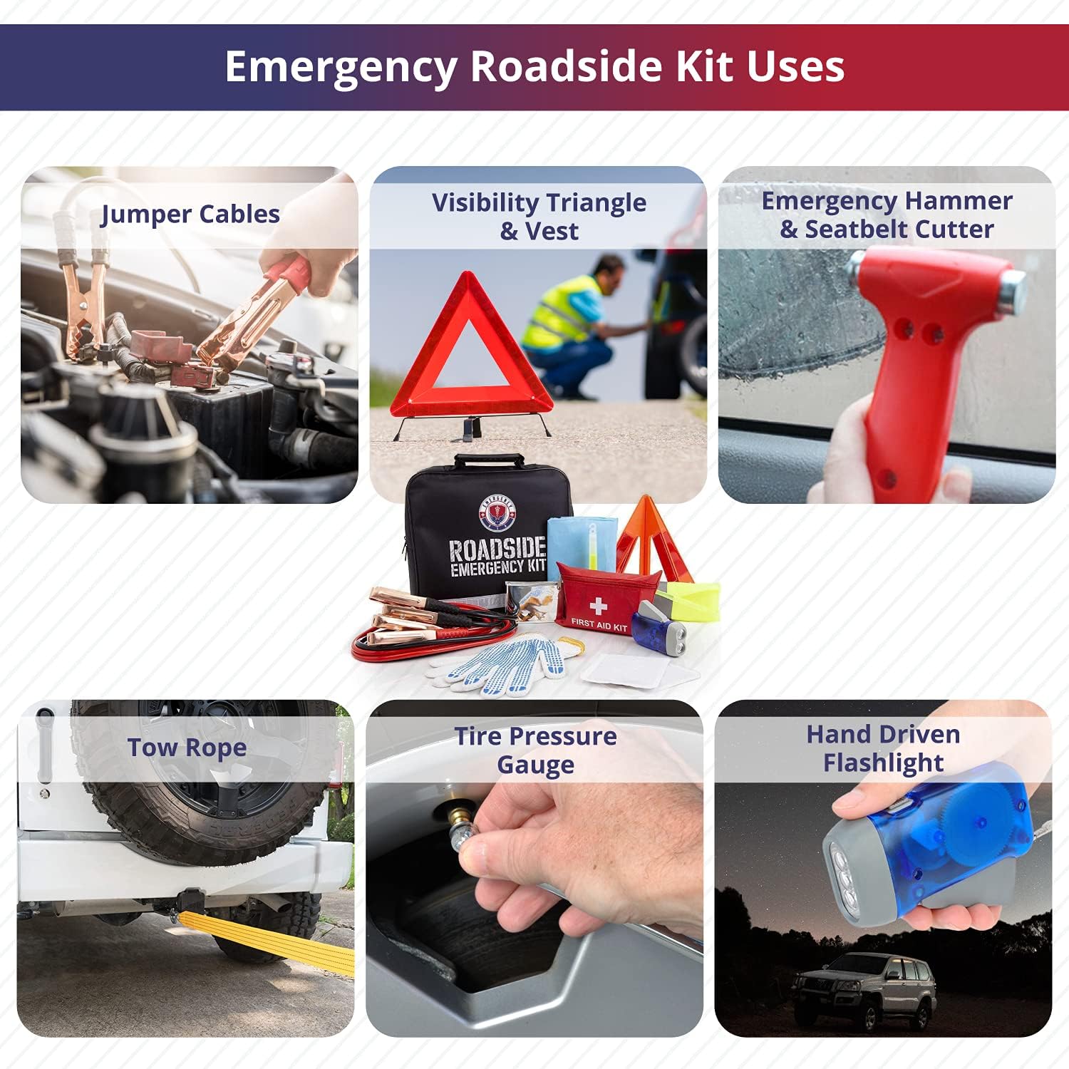 Roadside Emergency Car Kit with Jumper Cables - Car Essentials - Travel First Aid Kit, LED Flash Light, Rain Coat, Glow Stick, Safety Vest & More Ideal Emergency Kit for Car, Truck Or SUV : Automotive