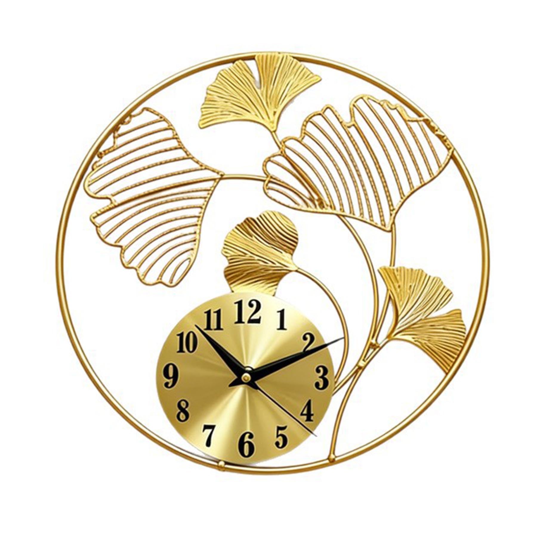 Rozhuhro Large Gold Wall Clock, Modern 3D Ginkgo Leaf Metal Wall Clock, Silent Non Ticking Round Decoration Wall Clocks, Battery Operated Quartz Clock, for Living Room, Bedroom, Office,Gold,30CM