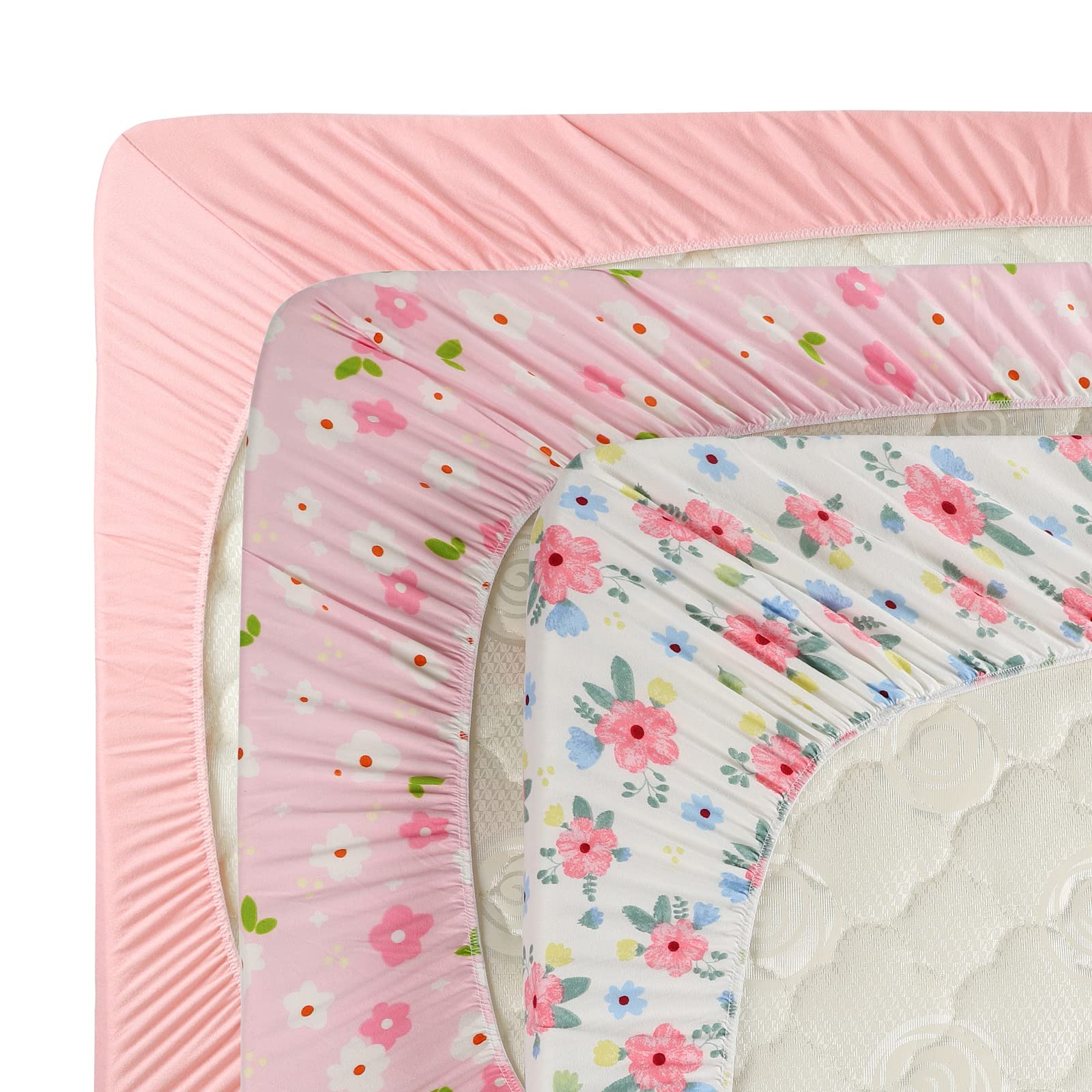 Onacosht Pack n Play Spannbettlaken, für Babys, Mädchen, Blumenmuster, Rosa, 3 Stück | Mini-Kinderbettlaken, Spielard-Matratzenbezug, gestrickt, weich, atmungsaktiv, dehnbar, Spielardlaken