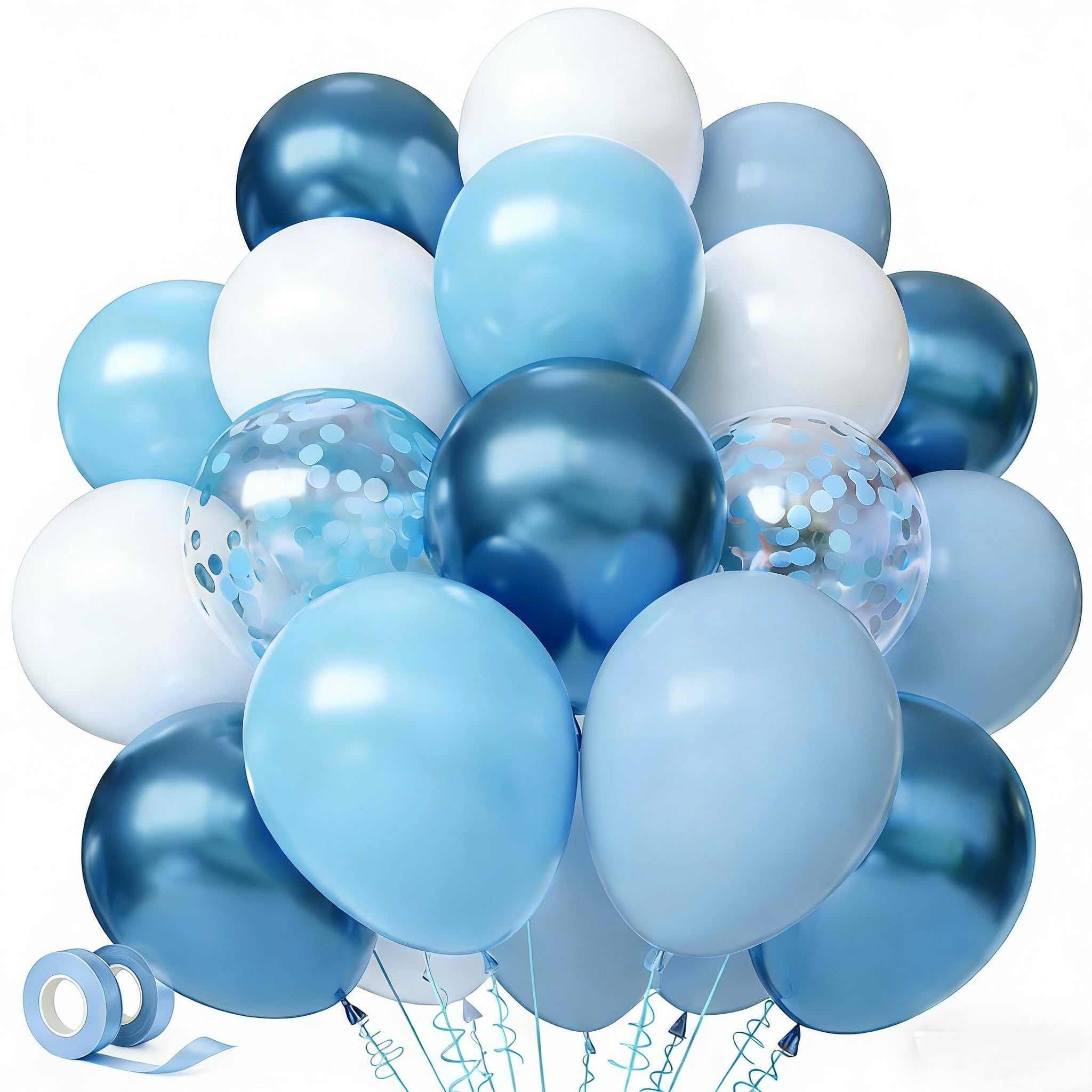 Blaue Luftballons Hellblau Metallicblau Weiß FQZYLCH 60 Stück 12 zoll Latex Helium Ballons Blaue Konfetti Luftballons Set für Mann Junge Geburtstag Hochzeit Babyparty Taufe Ostern Feier Deko