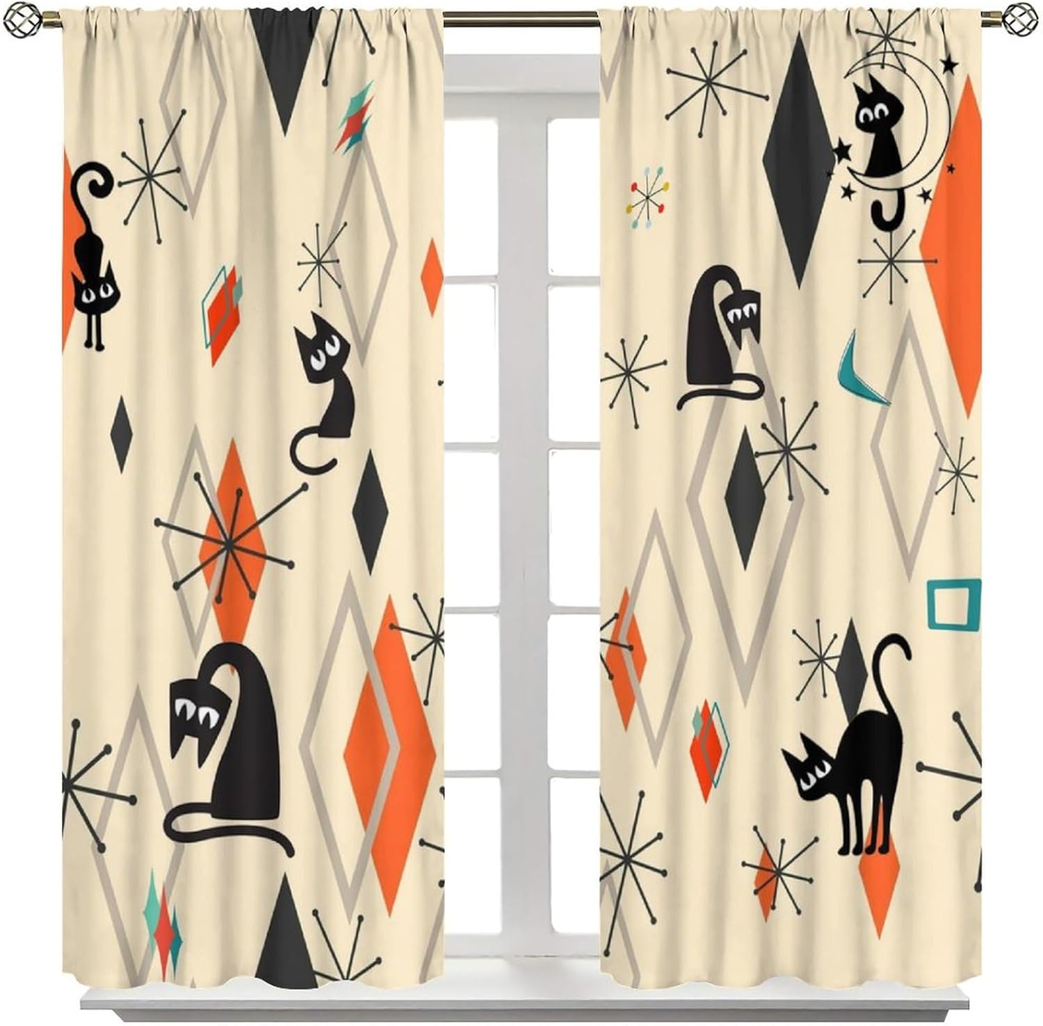 Mid Century Black Cat Blackout Curtains, Vintage 1950s Square Abstract Art Atomic Animal Windows Treatments, Thermal Insulated Drapes for Kids Girls Living Room Bedroom Bathroom 42x63in