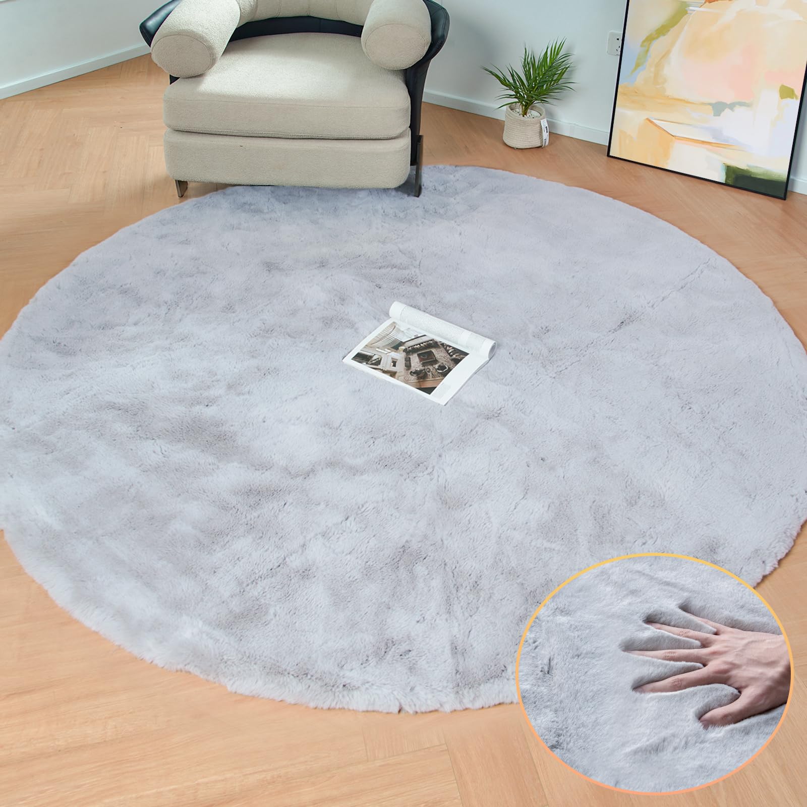 ORINOVA Washable Furry 150cm Round Area Rugs for Living Room Bedroom Light Grey Circle Faux Rabbit Shaggy Fur Rug Teen Room Decor โ image 1