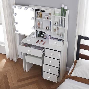 80cm Wide Dressing Table with Light, Adjustable Brightness, Small Vanity Table with Mirror and 1 Stool, 5 Large Drawers for Girls, 80 x 36 x 131 cm, Modern, White