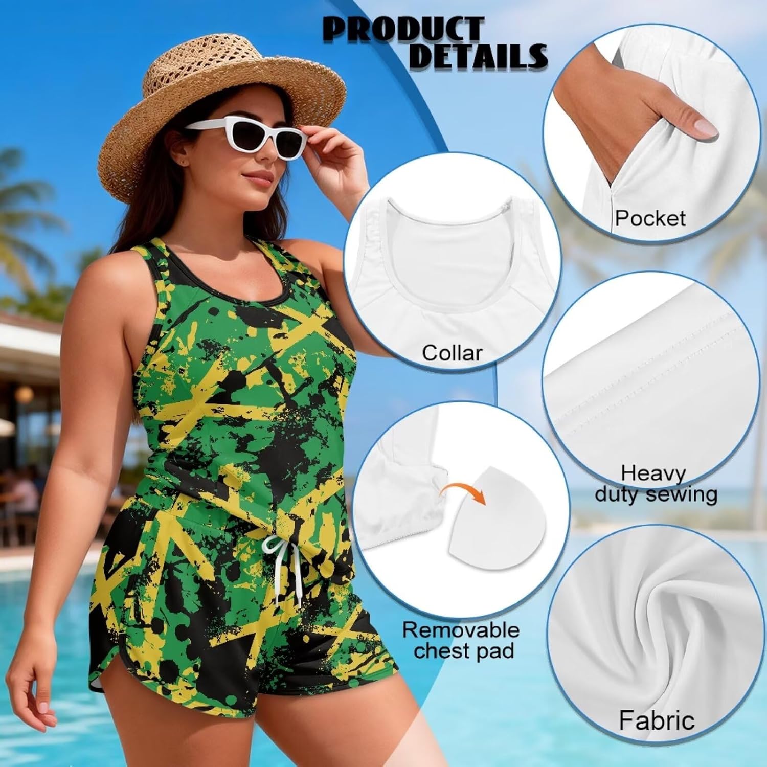 Womens Summer Tankini Swimsuits,Crew Neck Plus Size Two Piece Bathing Suits Sporty Tank Top Swim Drawstring Short