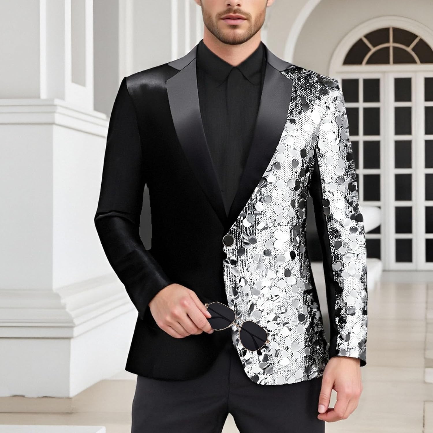 Mens Slim Fit Stylish Dinner Tux Dress Blazer Gold Sequin Suit Jacket Sport Coat Masquerade Outfits for Men