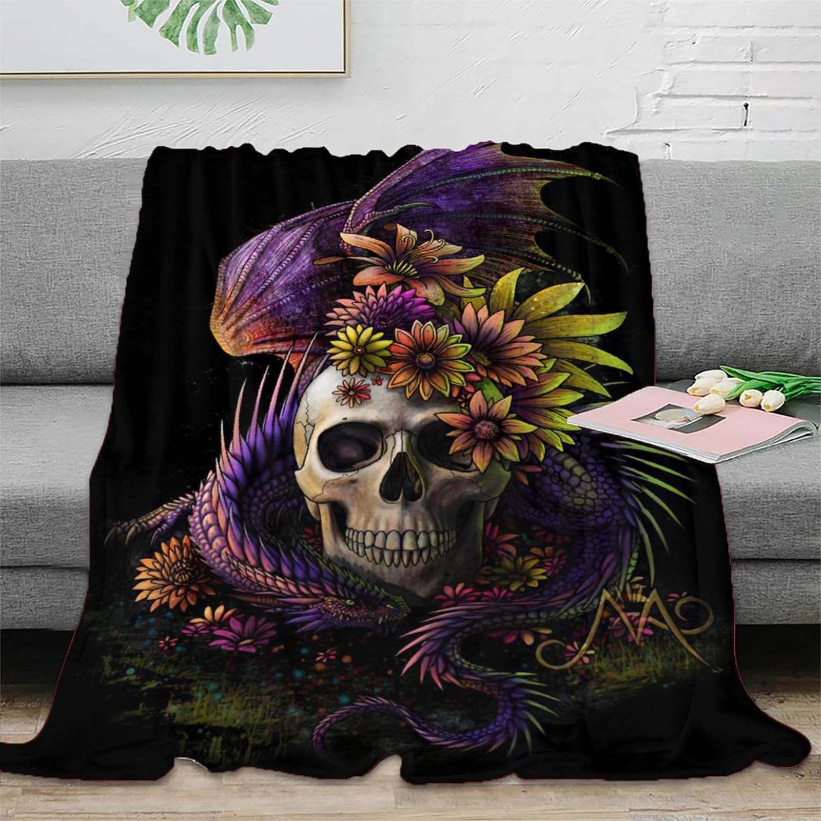 Nggadiweg Xu52e8trfhur 3D Printed Dragon Skull Flowers Cosy Throw Microfiber Ultra Soft Warm Bedding Fantasy Art Design Living Room Throw Anti Static Fade Resistant For Apartment Dwellers Renters Teens 50X60inch(127X152cm)
