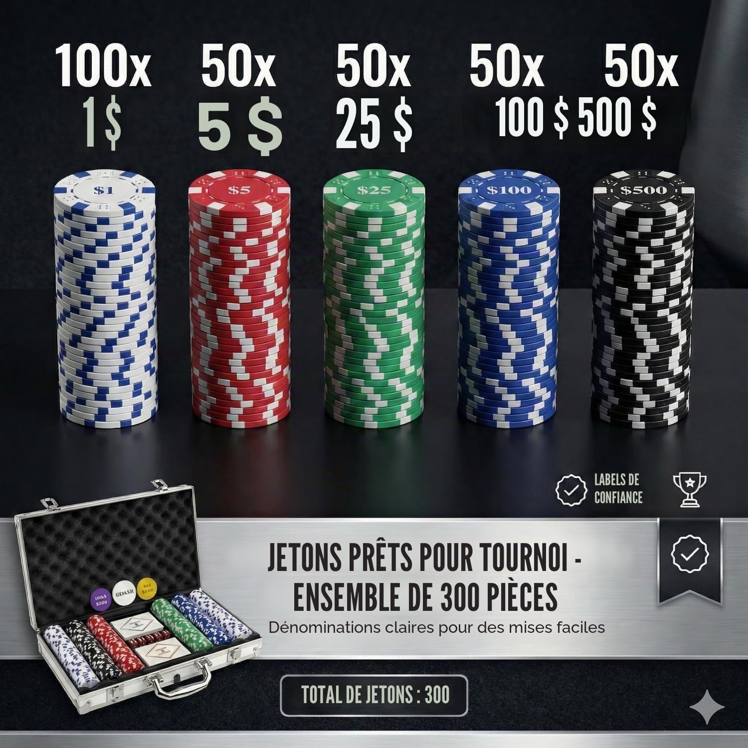 HEITOK Mallette de Poker Professionnelle 300 Jetons Numérotés 11.5g avec Coffret Aluminium Renforcé – Set Complet Texas Hold'em Blackjack Cartes Dés Boutons pour Soirées Adultes