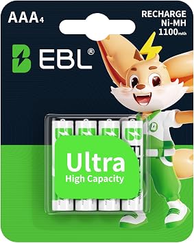 EBL AAA Rechargeable Batteries 4 Counts 1100mAh Pre-Charged Triple A NiMH Battery with Retail Package