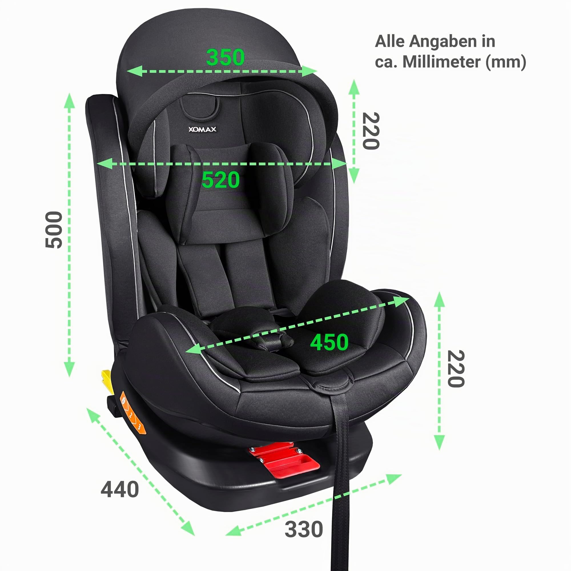 XOMAX XZ-16 Kindersitz drehbar 360° mit ISOFIX Liegefunktion mitwachsend 0-36 kg, 0-12 Jahre, Gruppe 0/1/2/3 I 5-Punkt-Gurt und 3-Punkt-Gurt Bezug abnehmbar, waschbarI ECE i-Size 129R (Schwarz)