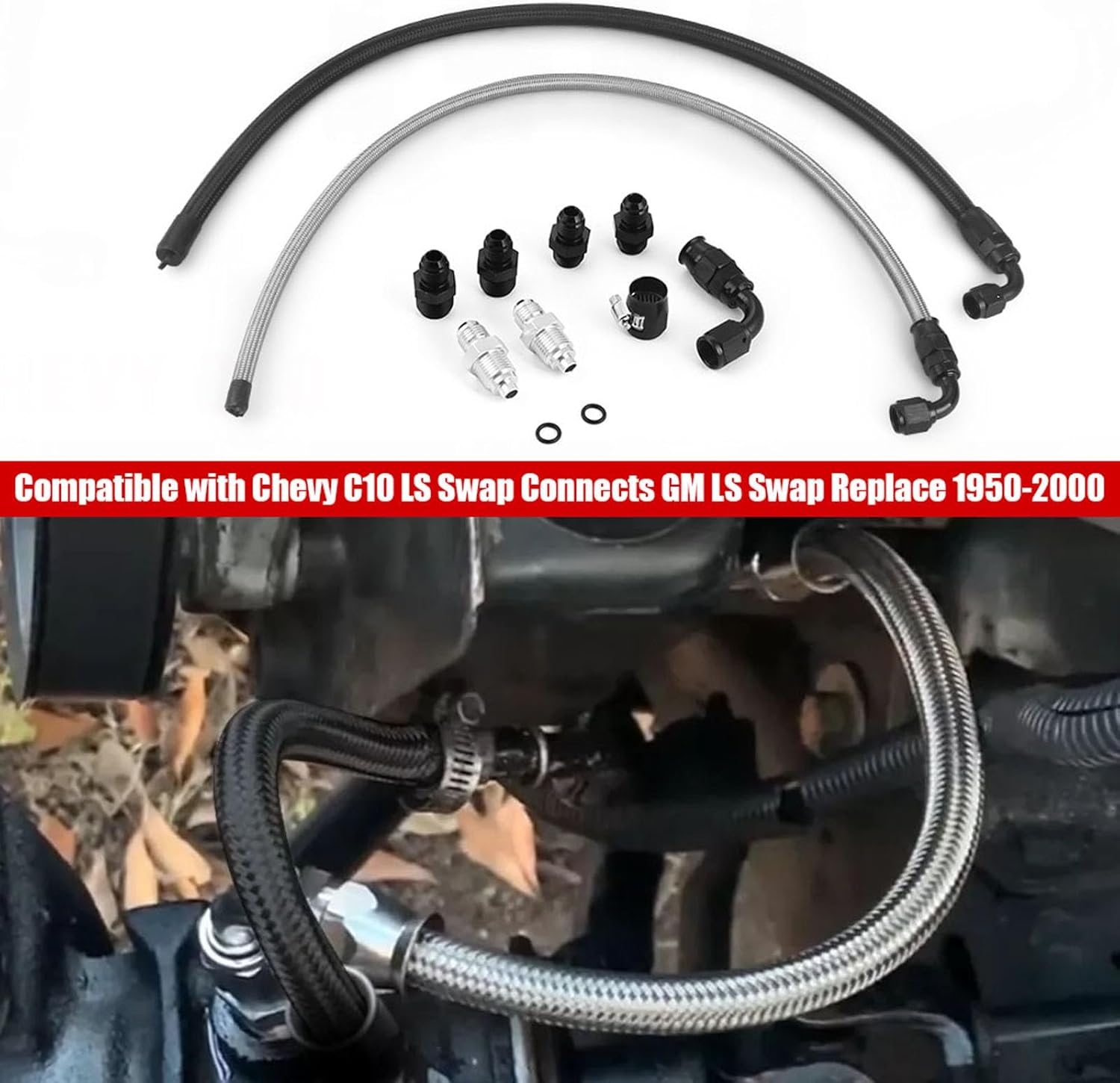 25“ 6AN Power Steering Pump Hose Kit fit for Chevy C10 LS Swap Connects GM Type 2