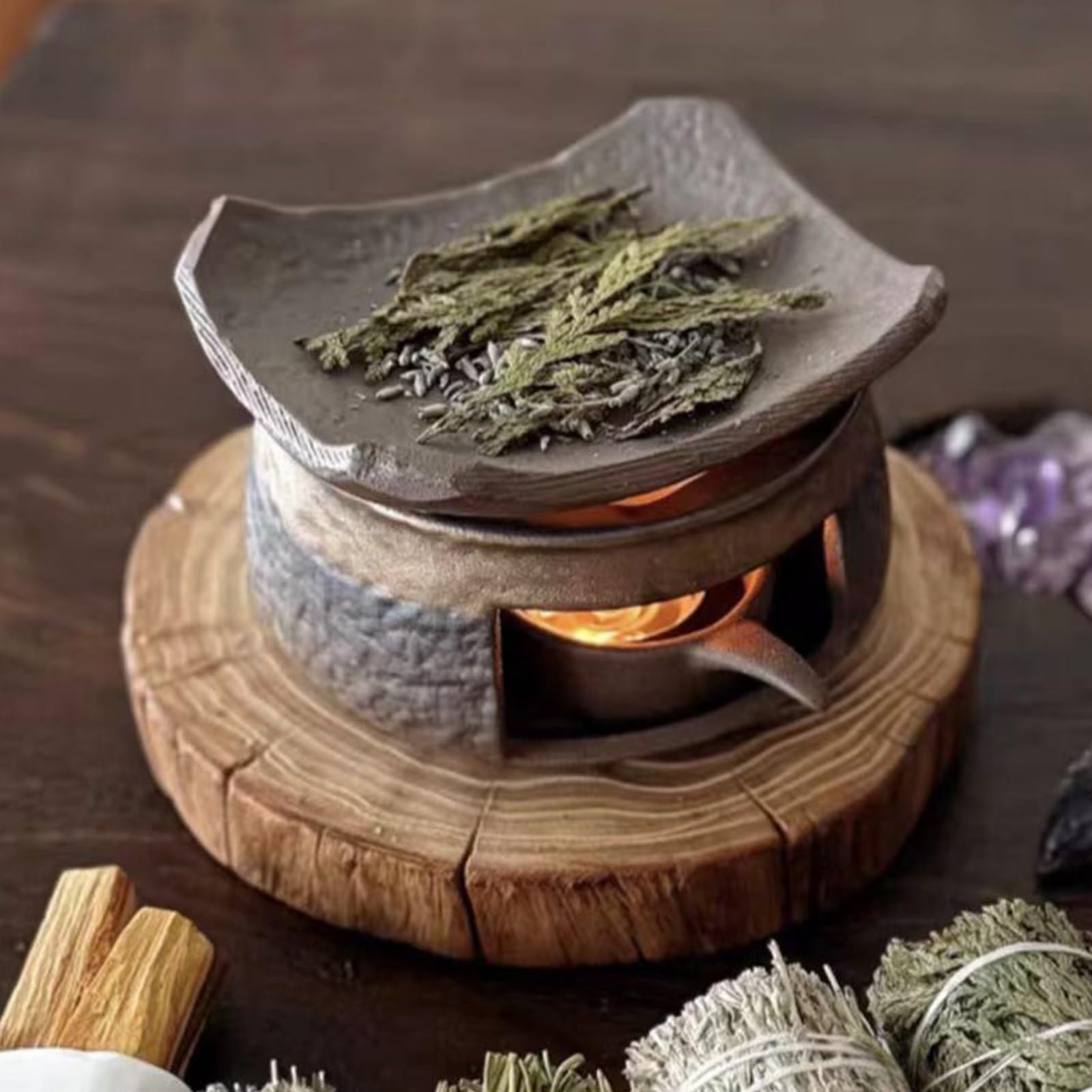 Ceramiczny podgrzewacz do czajniczek i zestaw palników olejków eterycznych – kuchenka do aromaterapii z tacą na wosk do podgrzewania napojów i medytacji relaksu