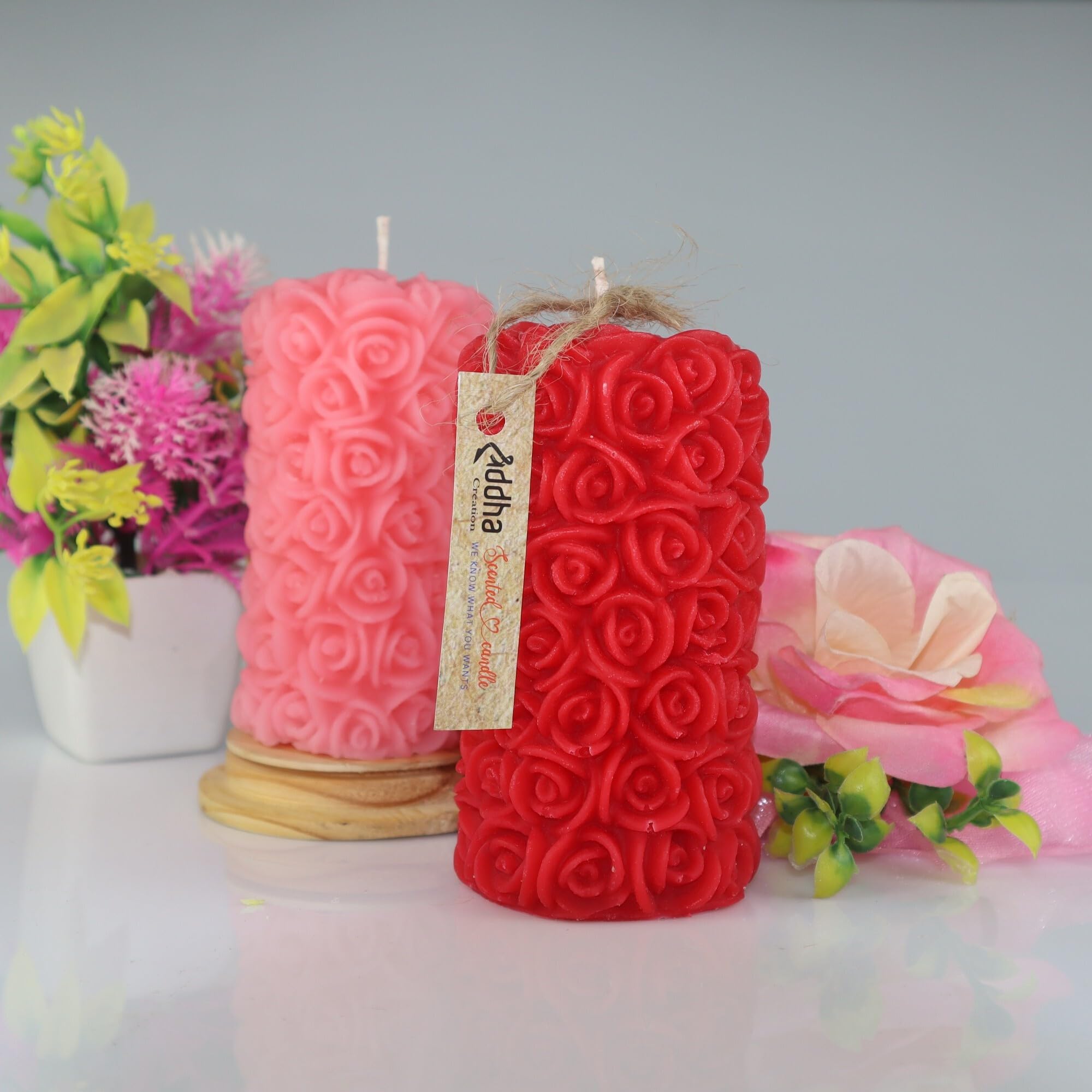 Scented Rose Crafted Pillar Candles,Red & Pink, Pack of 2 Candle (Multicolor, Pack of 2)-image-22