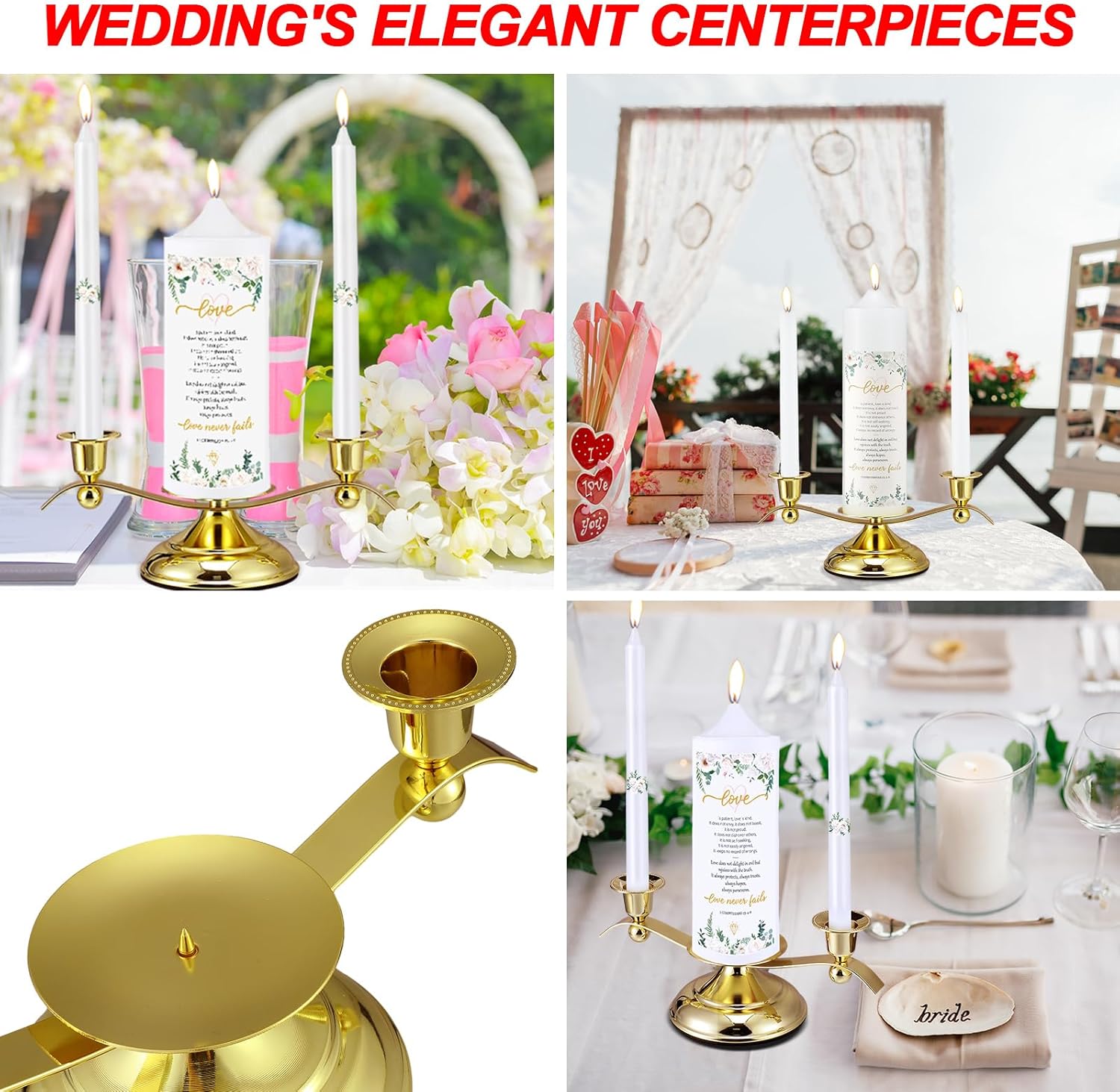 Landhoow 3 Unity Floral Candles for Wedding Ceremony Set with Golden Holder White Pillar and Taper Candles Religious Wedding Catholic Anniversary Big Events Gifts for Couple