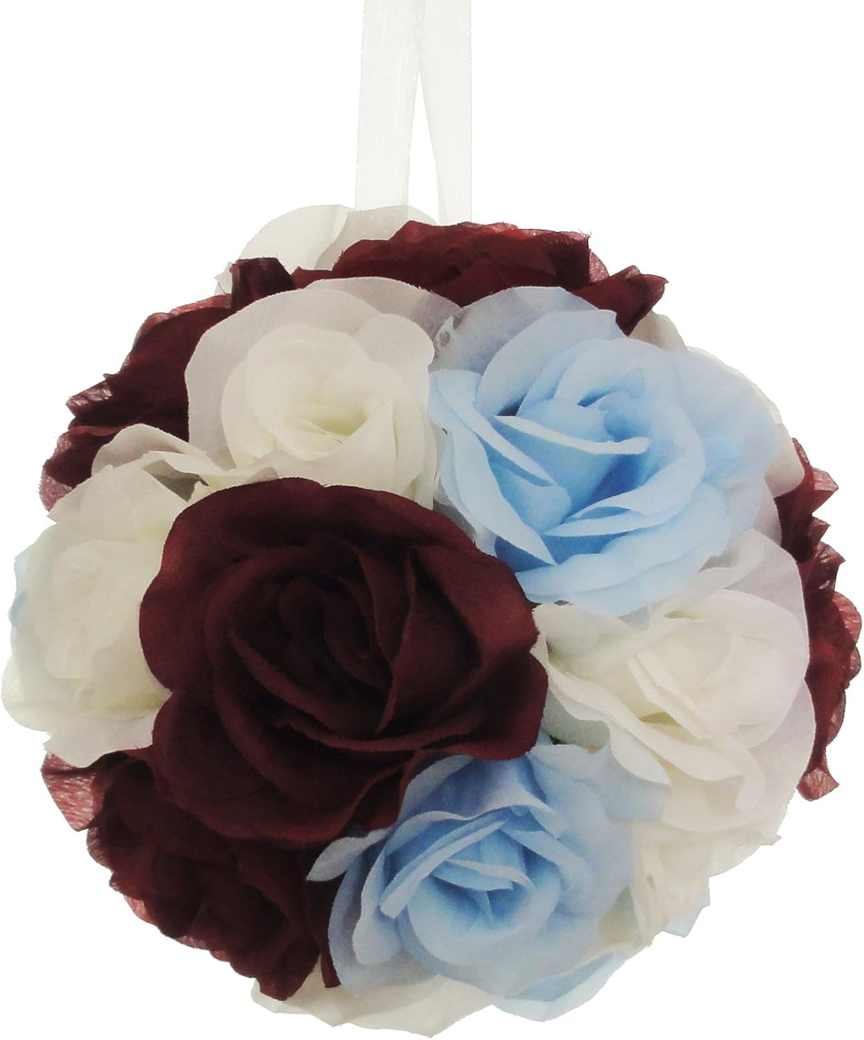 Silk Rose Pomander Kissing Balls Wedding Decoration (Blue Burgundy Ivory, 10 inch)