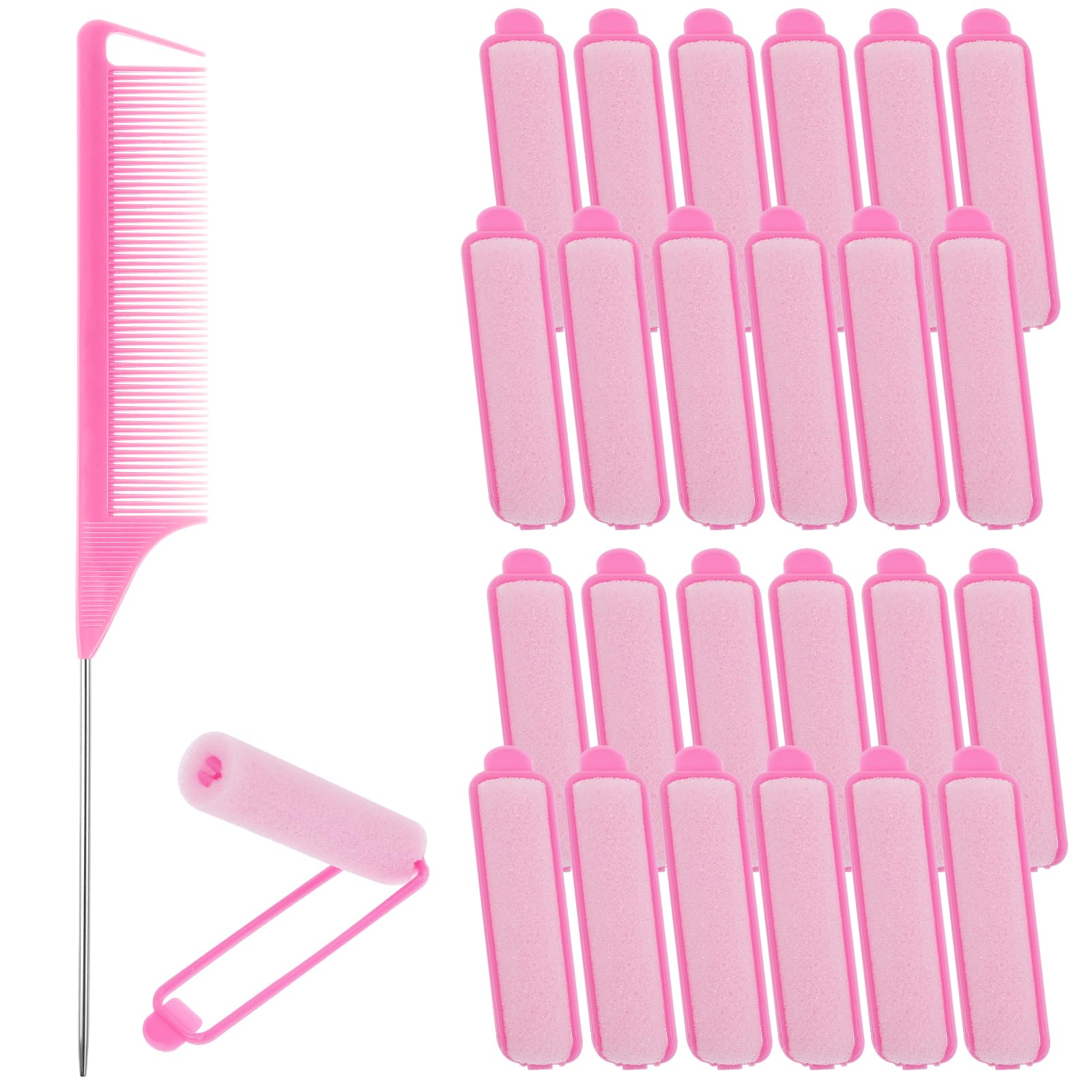 24Pcs Sponge Rollers for Women's Hair, Foam Hair Rollers for Women Sleeping, Heatless Foam Sponge Hairs Roller, and 1 Rat Tail Comb for Hairdressing Styling, Short, Thin, Medium Hairs (Pink)