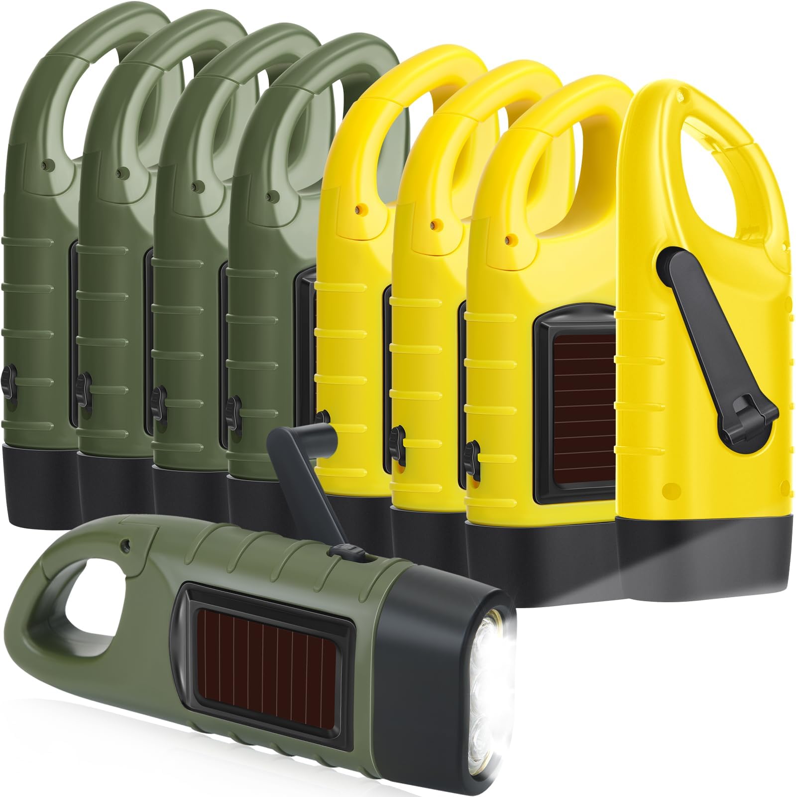 Leelosp 9 Pieces Hand Crank Flashlight Solar Powered Flashlight for Emergencies Dynamo Rechargeable LED Survival Light for Outdoor Sports Hiking Camping (Green,Yellow)