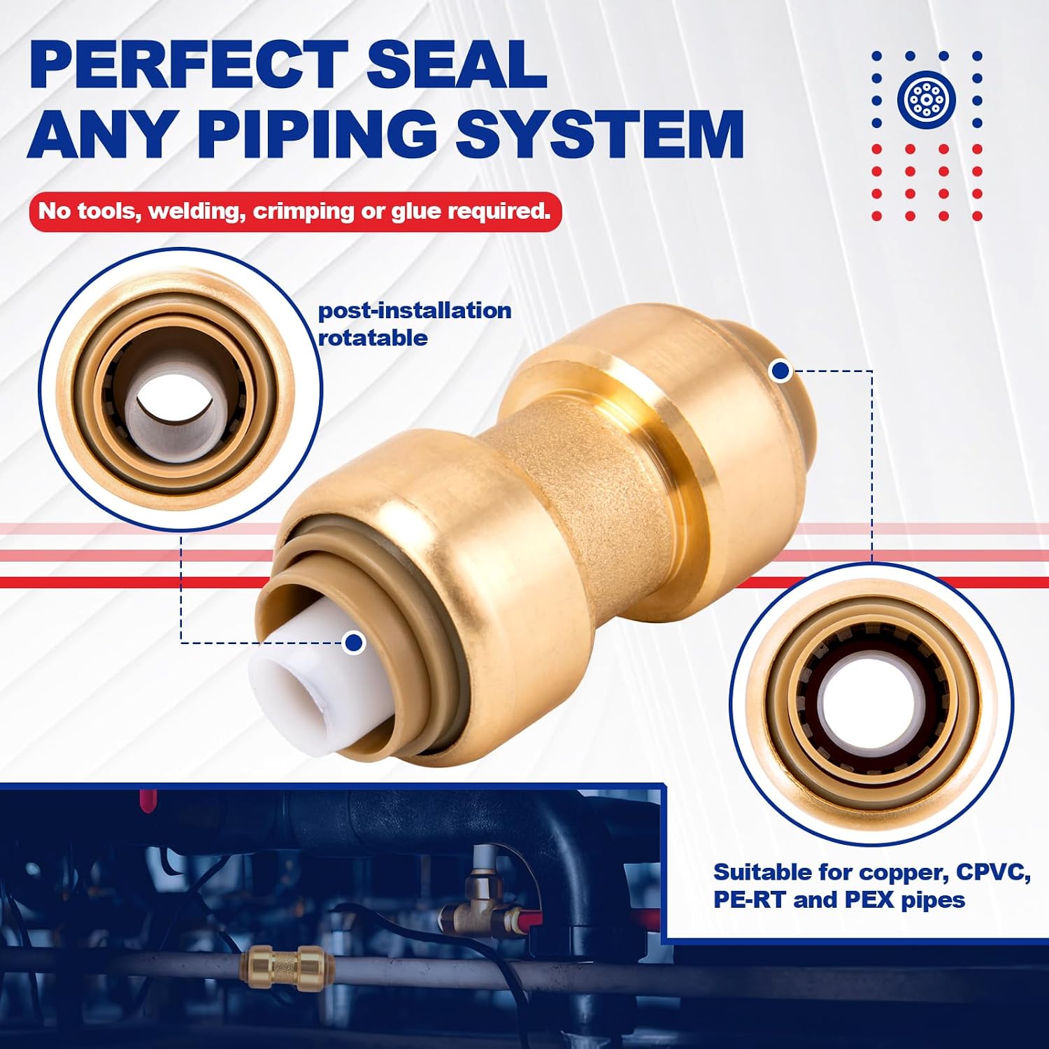 1/2 Inch Straight Coupling Push-Fit Fitting to Connect Pex, Copper, CPVC Pine, No Lead Brass Push to Connect Fittings (pack of 12)
