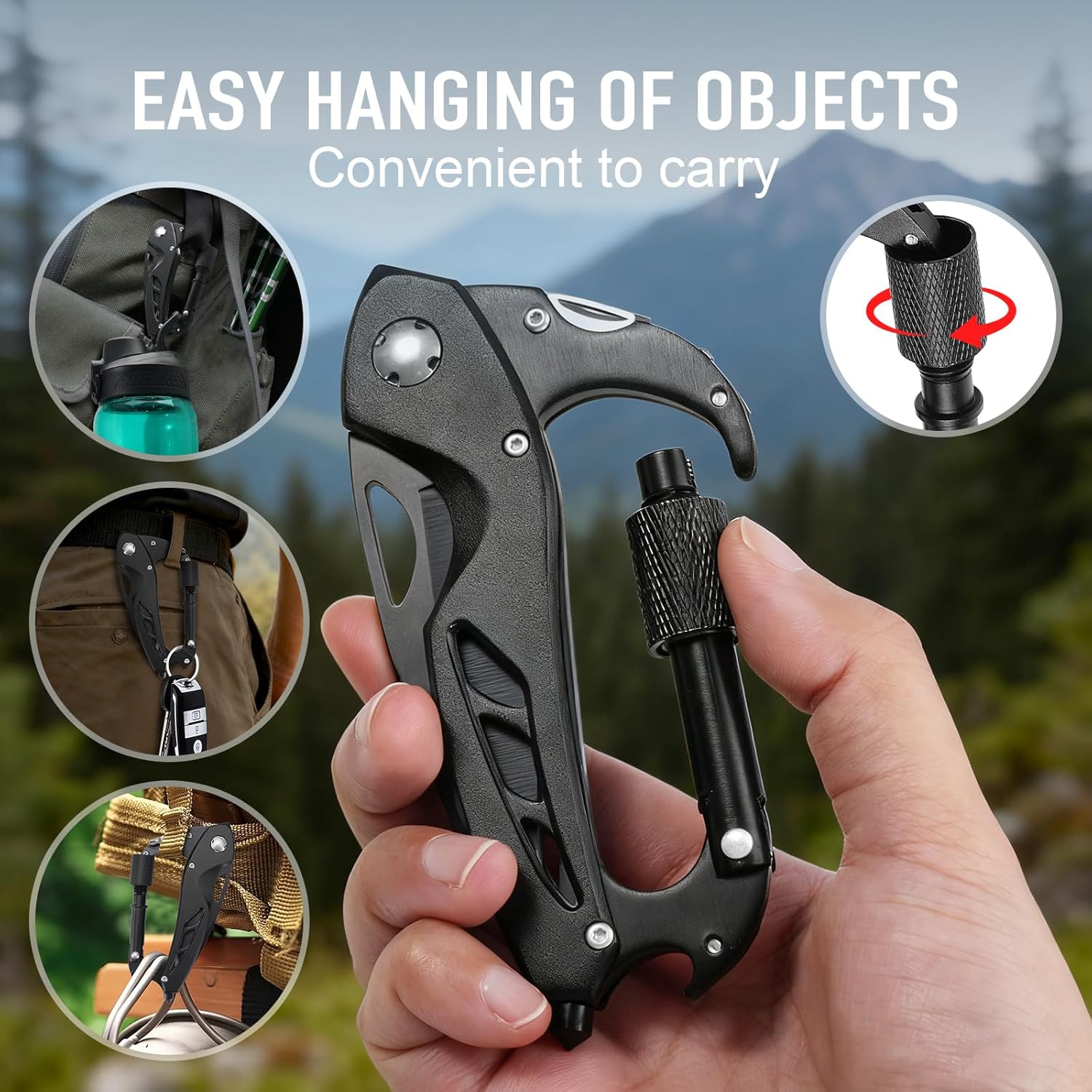 Multitool Carabiner with Pocket Knife, Birthday Gifts for Men Him Boyfriend, EDC Carabiners with Folding Knives, Bottle Opener, Window Breaker and Screwdriver, Survival Gear for Camping Hiking