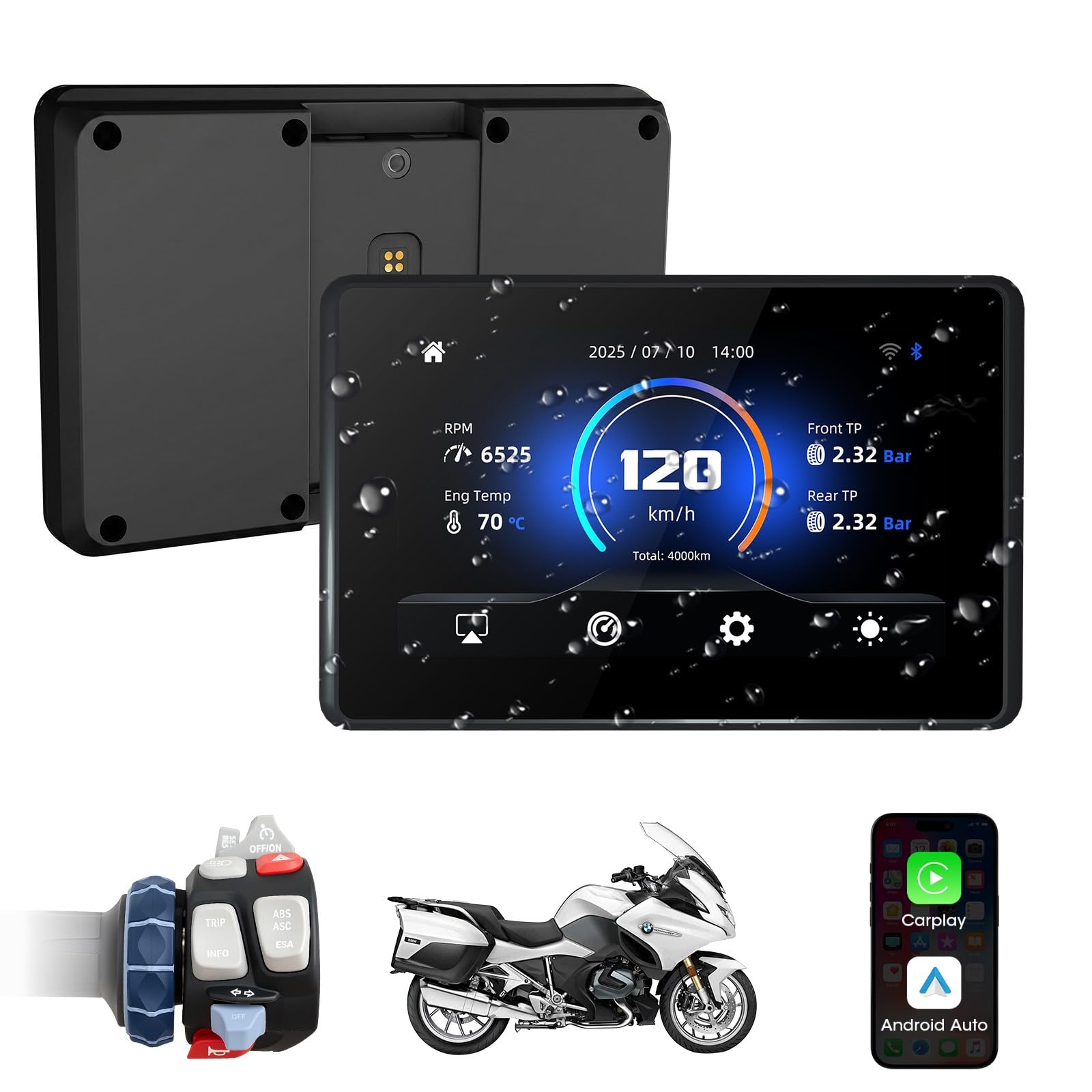 Jansite Carplay Moto avec Molette Wonder Wheel Native pour BMW Motorrad | 5'' Écran Tactile Étanche Tactile, CarPlay et Android Auto Sans Fil, Navigation GPS, Plug-and-Play