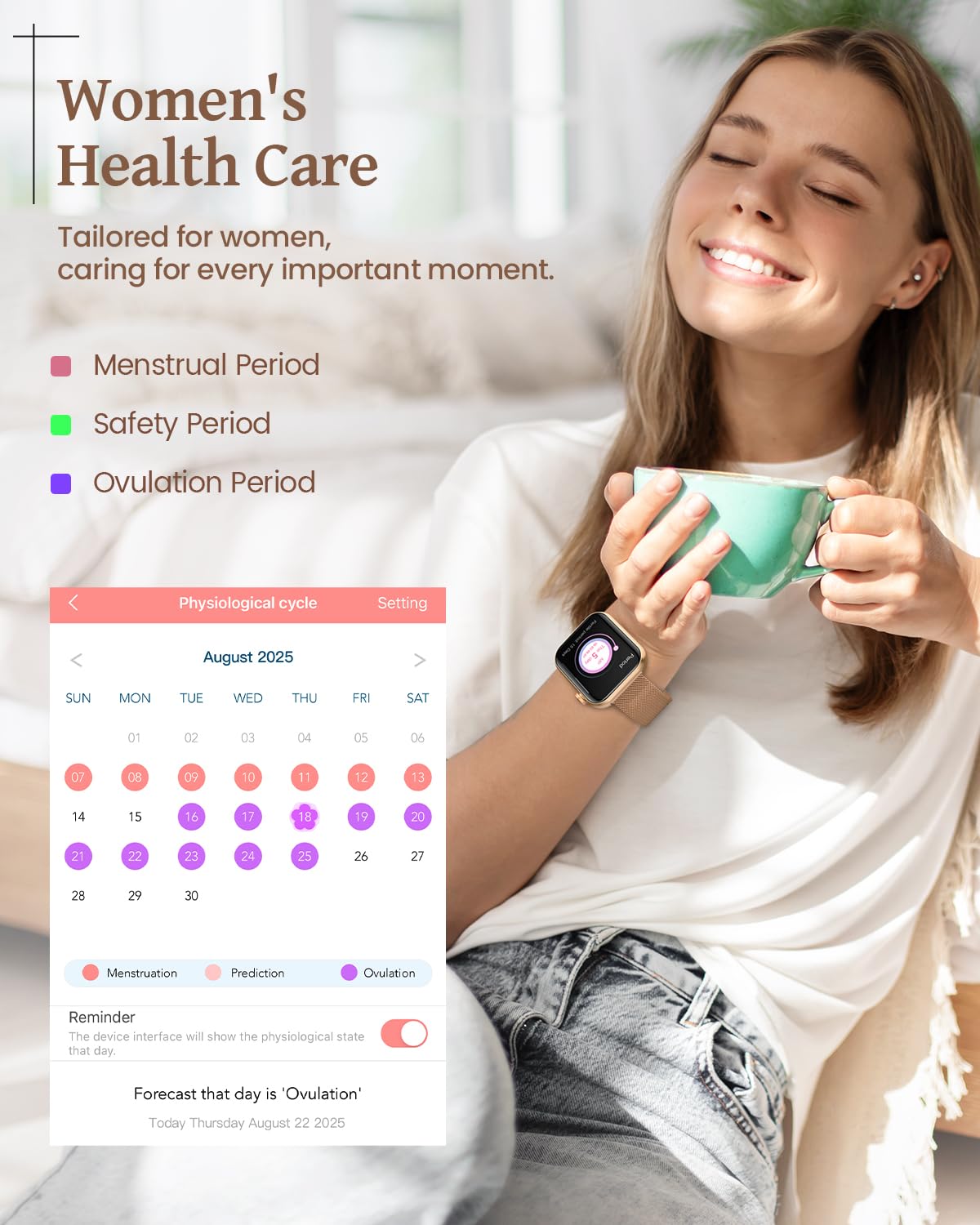 AIMIUVEI Smartwatch Donna, Orologio Smartwatch con Chiamate e Whatsapp, 120+ modalità Sportive, 24H Frequenza Cardiaca SpO2, Sonno Fisiologia Femminile IP68 Notifiche Calorie per Android iOS Oro Rosa