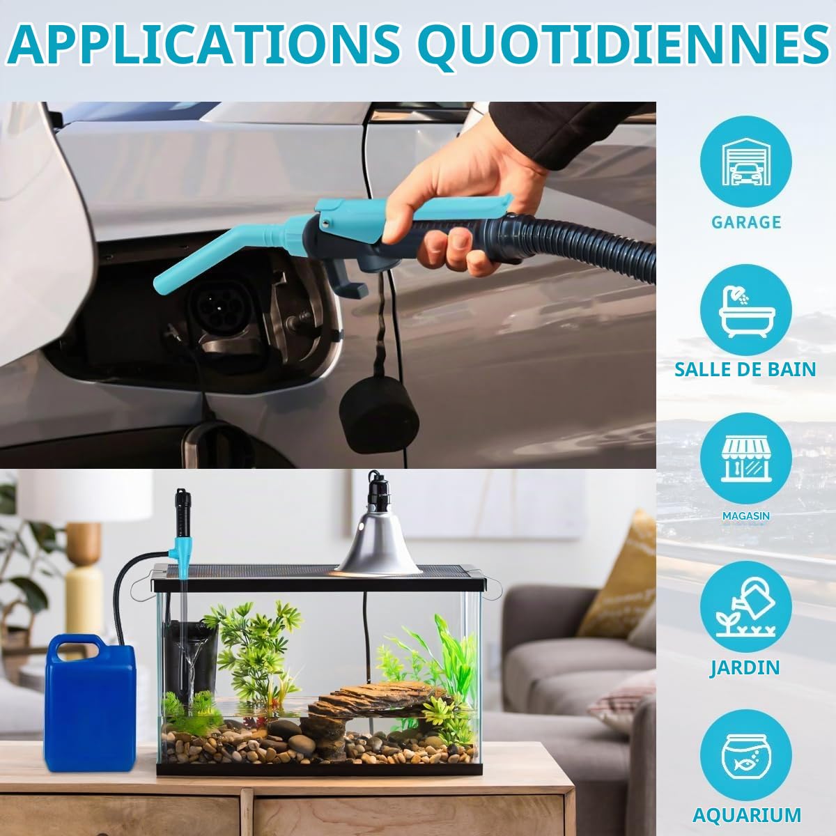Pompe à Essence électrique à Piles, siphon, transfert de liquide, aspiration automatique, buse de régulation du débit 2,4 gallons/min, pour Essence, Diesel (Bleu)
