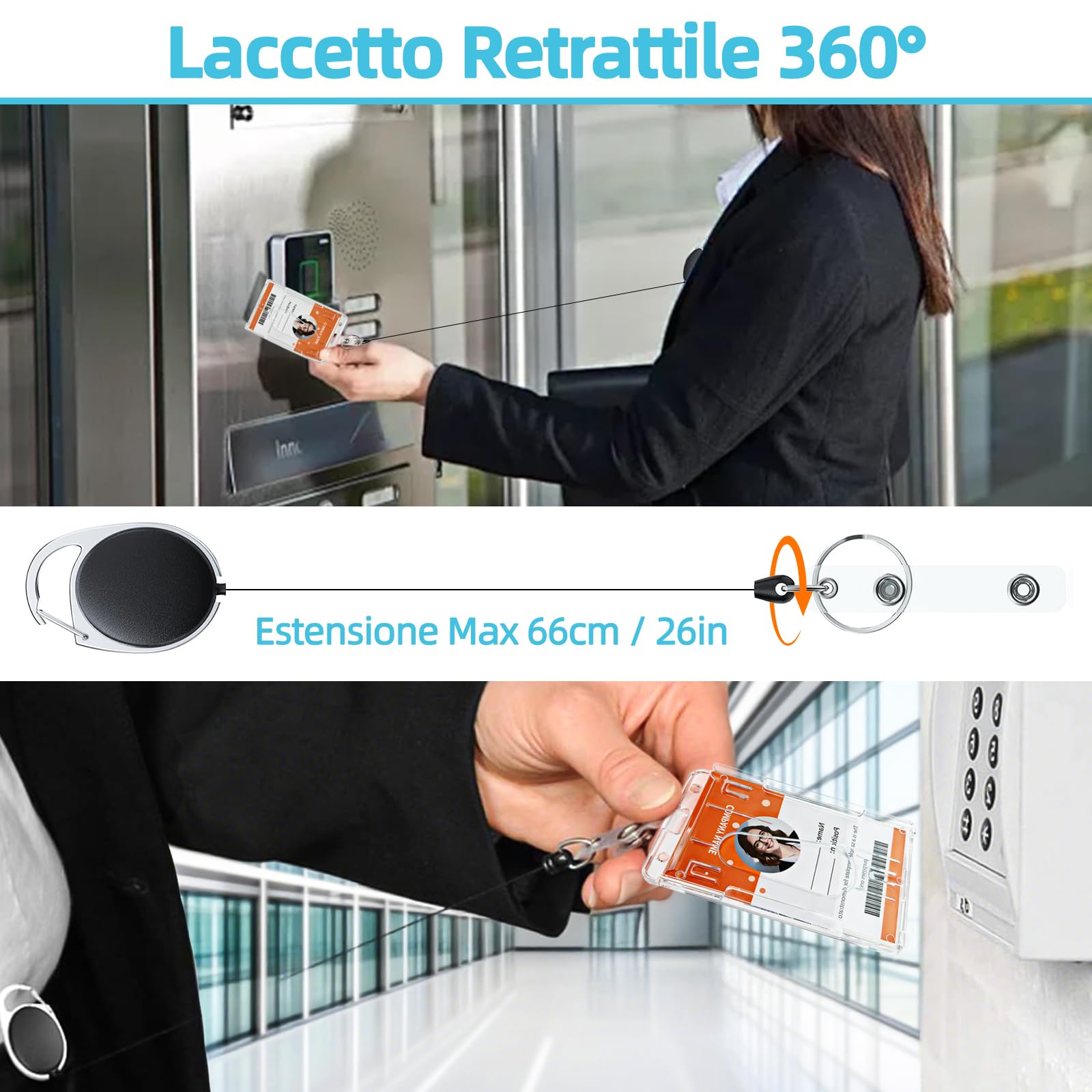 Porta Badge con Portachiavi Retrattile 3 Pezzi, Plastica PC Extra Spesso Trasparente