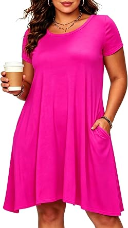Afibi Womens Short Sleeve Loose Pockets Dress Casual Swing T-Shirt Dresses